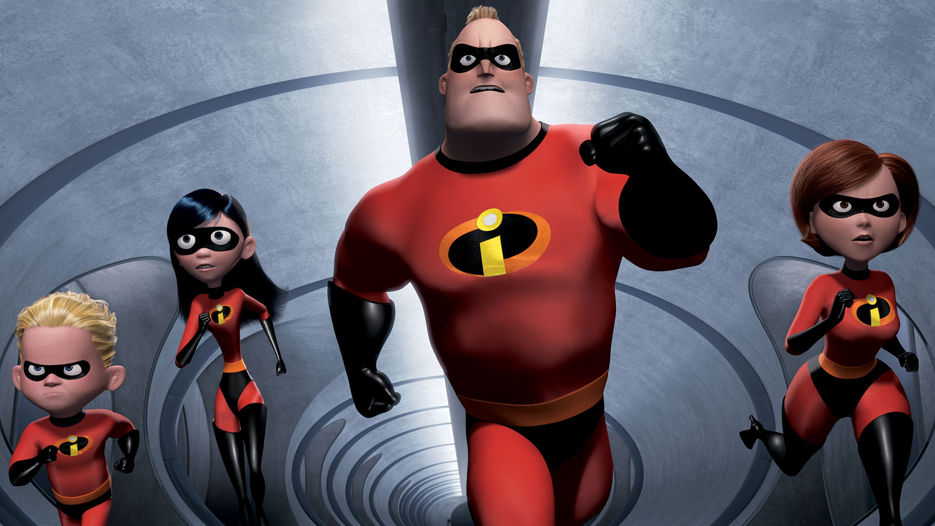 An animated action scene from The Incredibles shows Bob Parr / Mr. Incredible (Craig T. Nelson) leading the charge with a determined expression, running alongside Helen Parr / Elastigirl (Holly Hunter), Violet Parr (Sarah Vowell), and Dash Parr (Spencer Fox) down a metallic, spiral corridor while wearing matching red and black superhero suits.