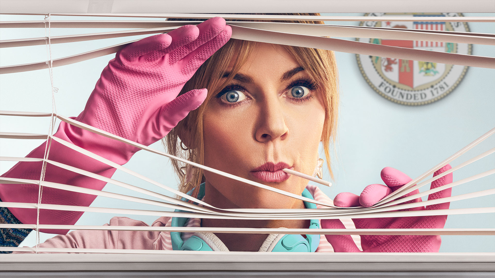 Key art for High Potential featuring a woman in pink rubber gloves peering through window blinds while holding a lollipop.