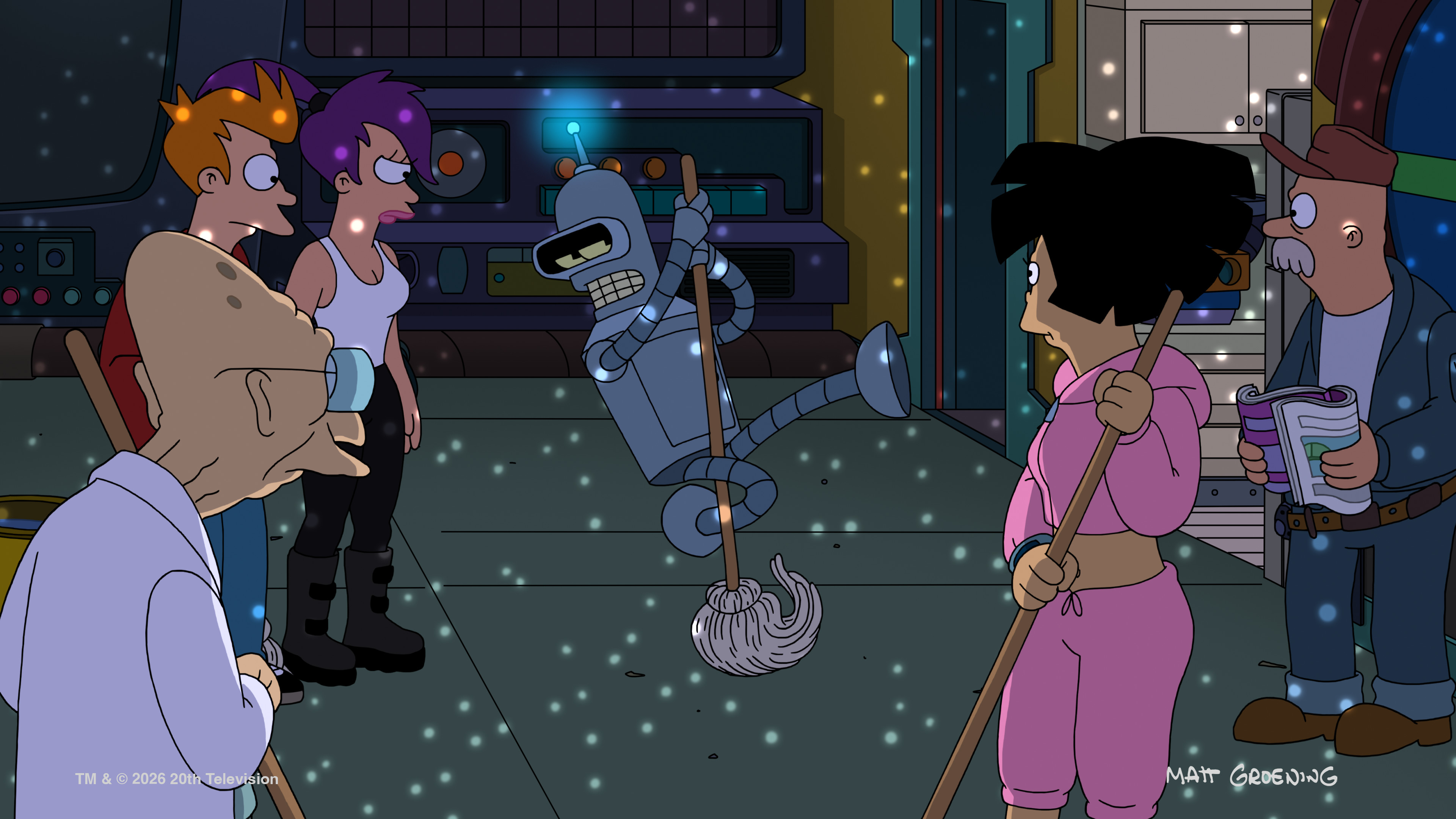 Bender dances with a mop while Fry, Leela, Amy and the professor look on