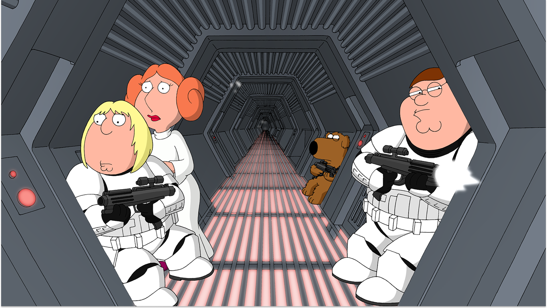 Chris Griffin as Luke Skywalker, Lois as Princess Leia, Brian as Chewbacca, and Peter as Han Solo in the episode Blue Harvest