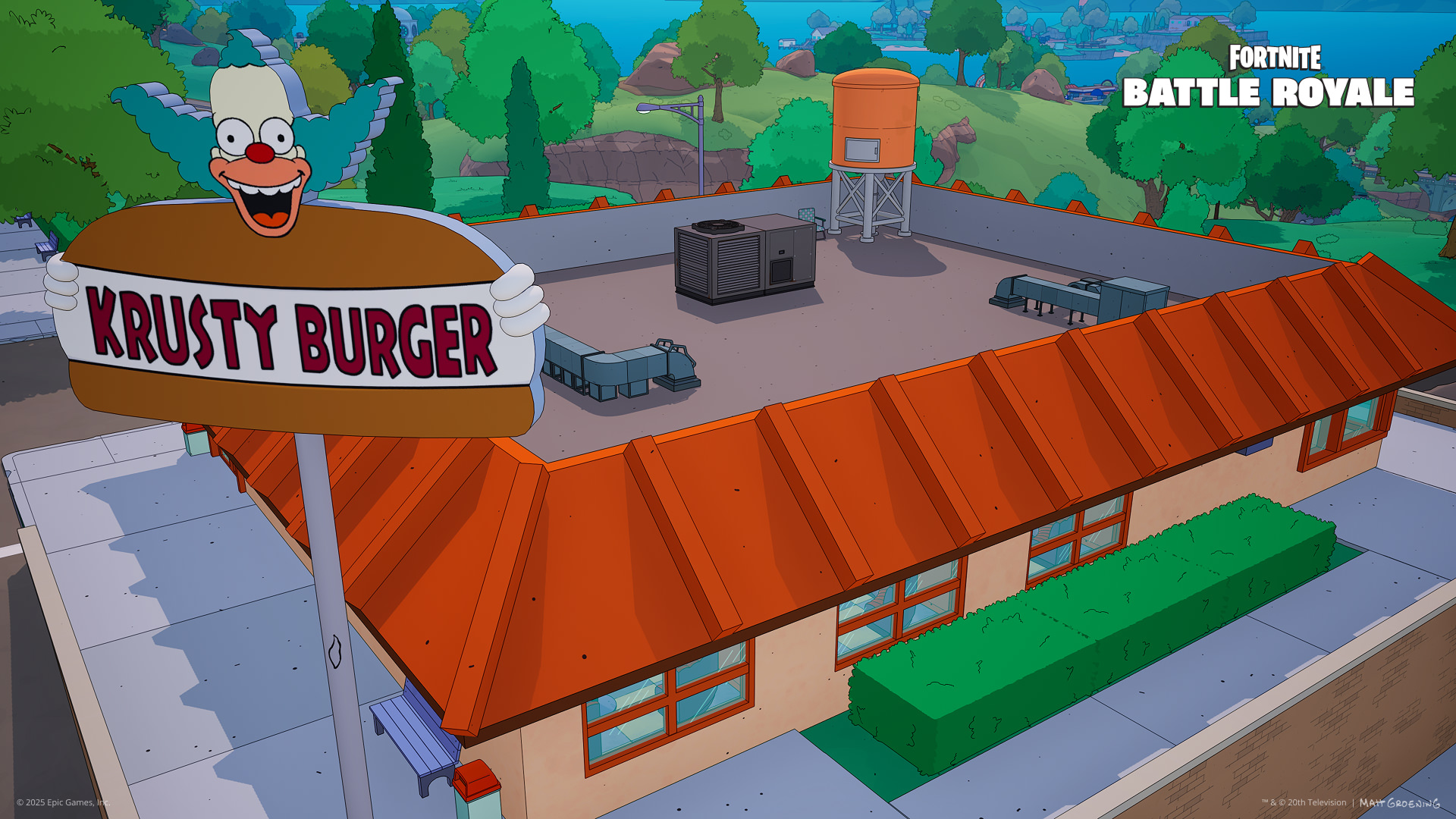 A large Chief Wiggum diving onto his left while dual-wielding and firing guns as a large number of Homers that are glowing pink walk about on the road outside of the Simpson residence.