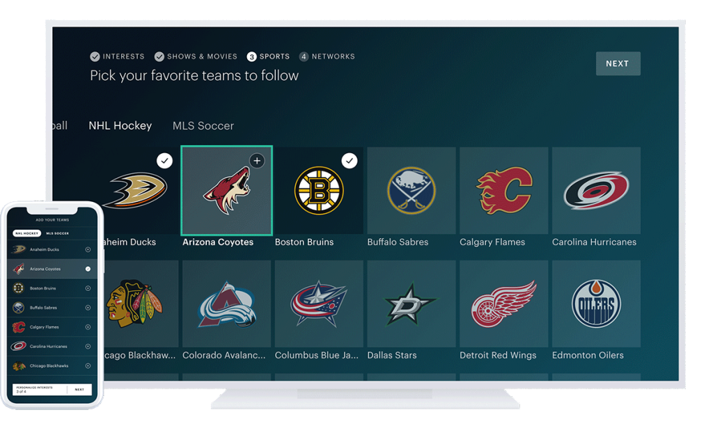 An image displaying the NHL teams menu on Hulu + Live TV.