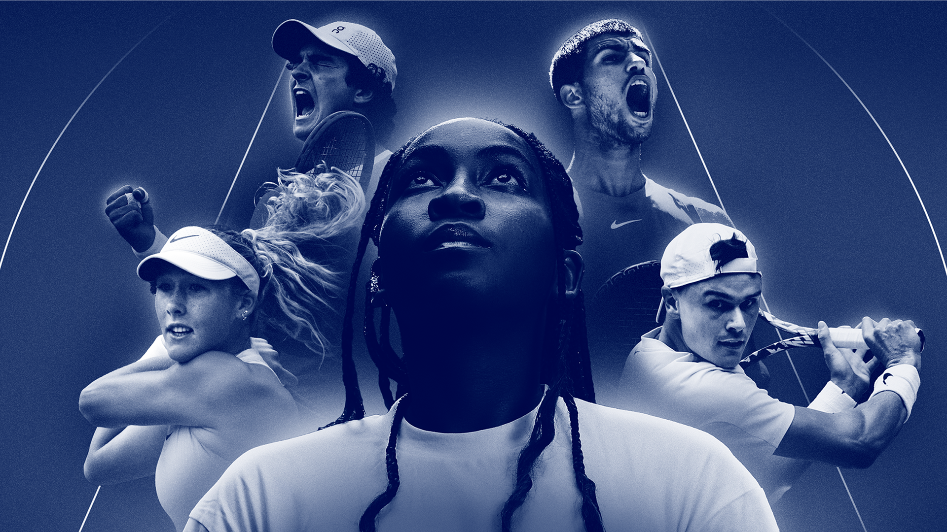 Key art featuring young tennis stars across the WTA and ATP tours including Mirra Andreeva, Joao Fonseca, Cooc Gauff, Carlos Alcaraz, and Holger Rune.