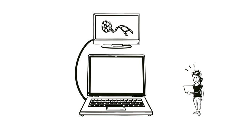 Disney+を視聴するためにノートパソコンを使ってテレビに接続している人の漫画