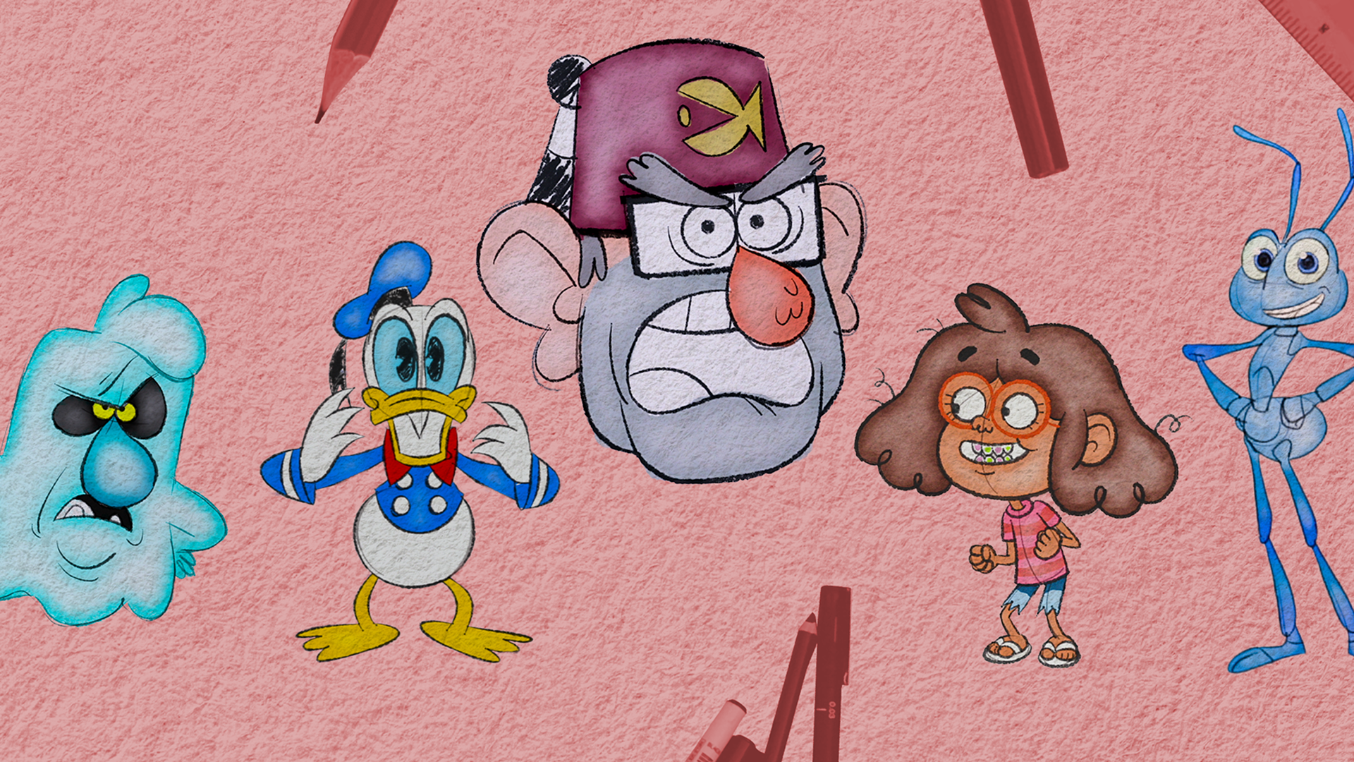 This image features a collection of animated characters drawn in a stylized, sketch-like art style reminiscent of Gravity Falls.