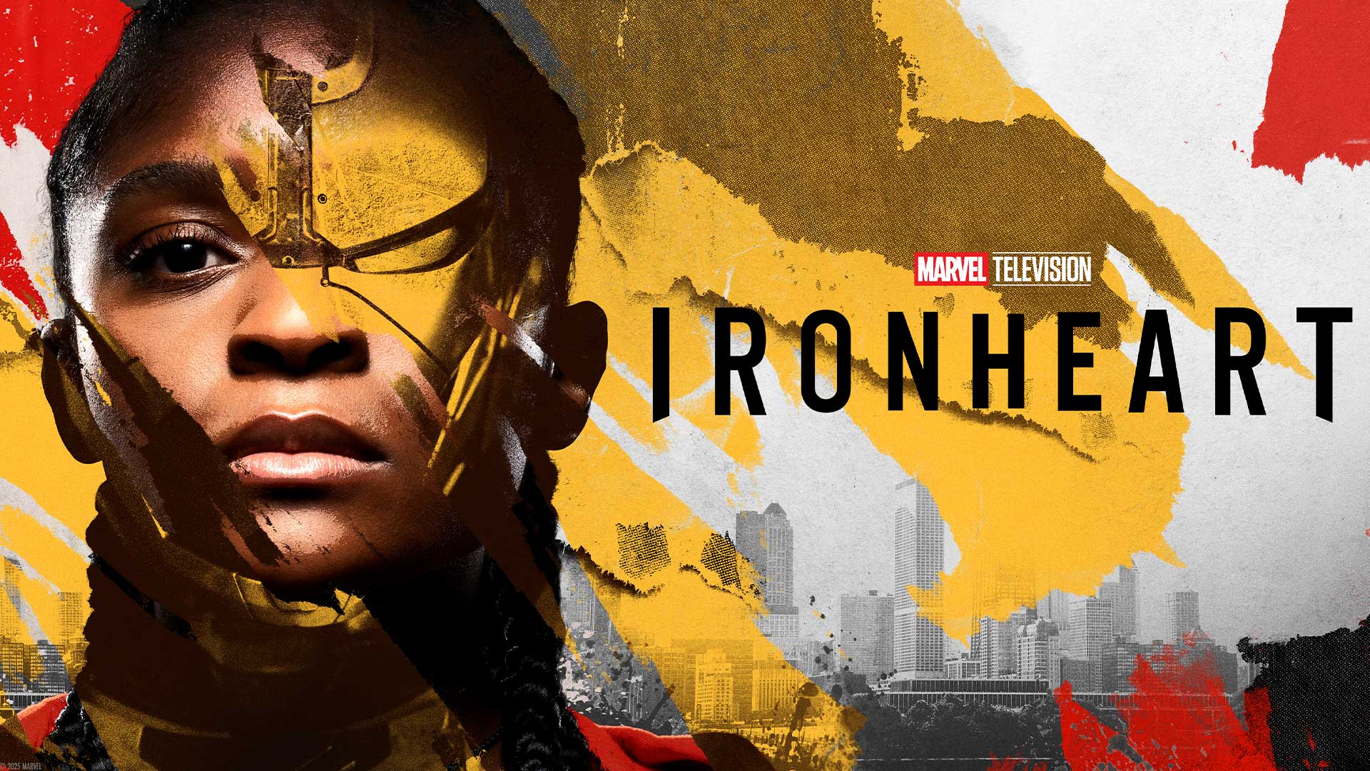 A poster featuring a close-up of Riri Williams, played by Dominique Thorne, her face partially covered by a mask