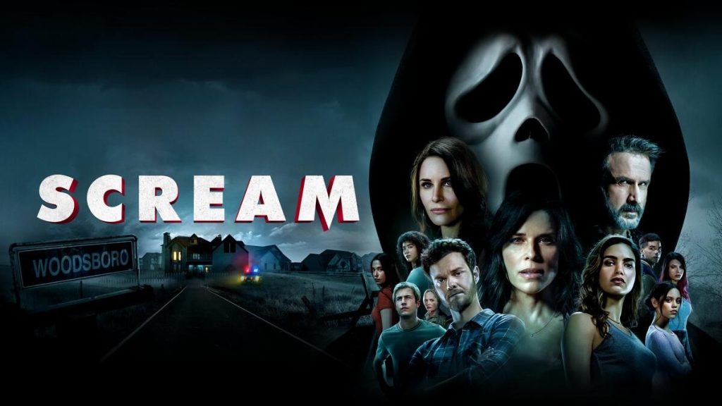 Poster for Scream (2022) featuring the Ghostface mask looming behind the main cast.