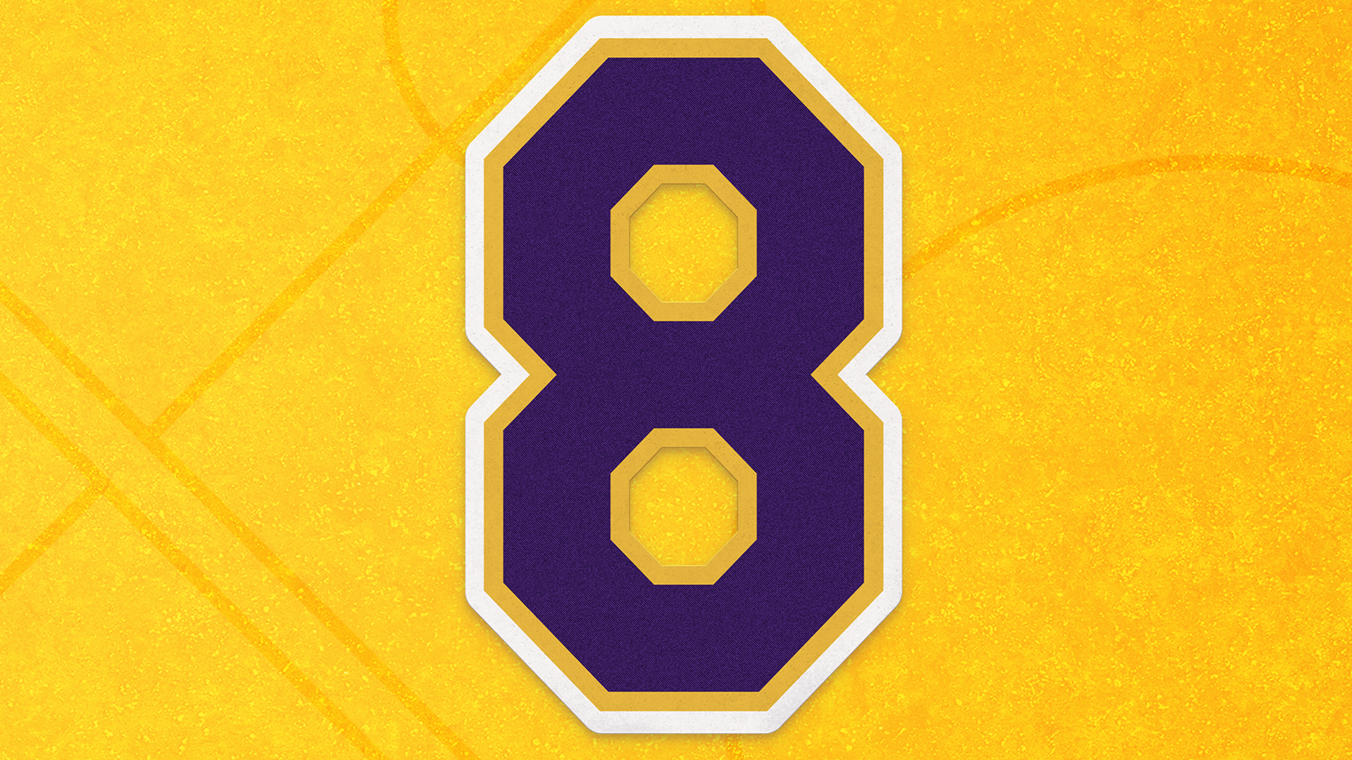 This image features the iconic purple number "8" with a gold outline, representing Kobe Bryant's jersey number with the Los Angeles Lakers.