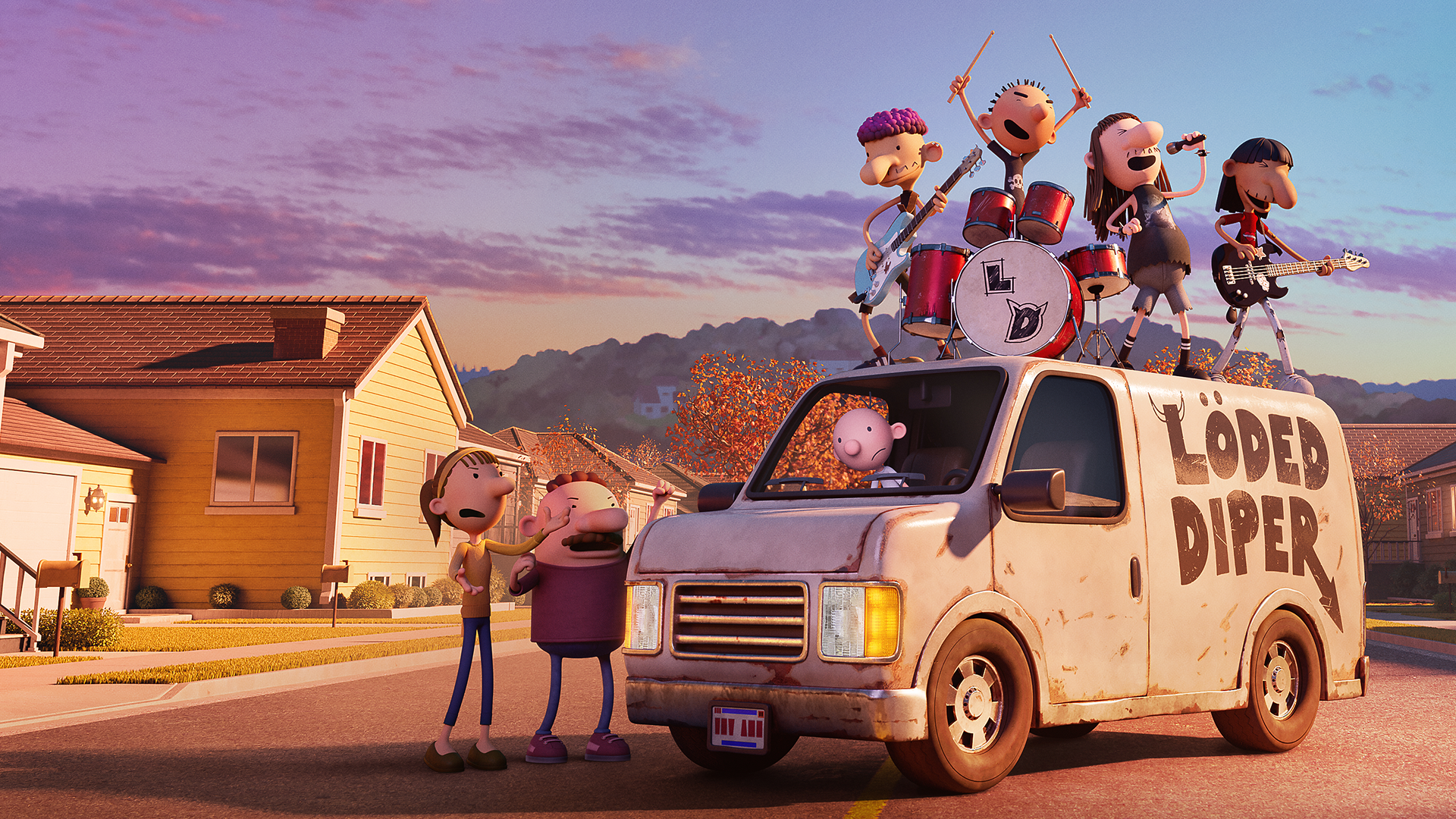 Rodrick and his band play on top of the van with "Loded Diper" on the side.