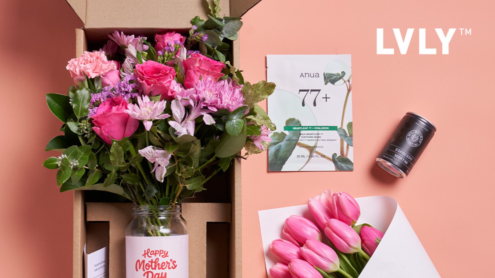 An image of fresh flowers in a jar, a bunch of tulips and assorted Mother's Day gift options from LVLY.