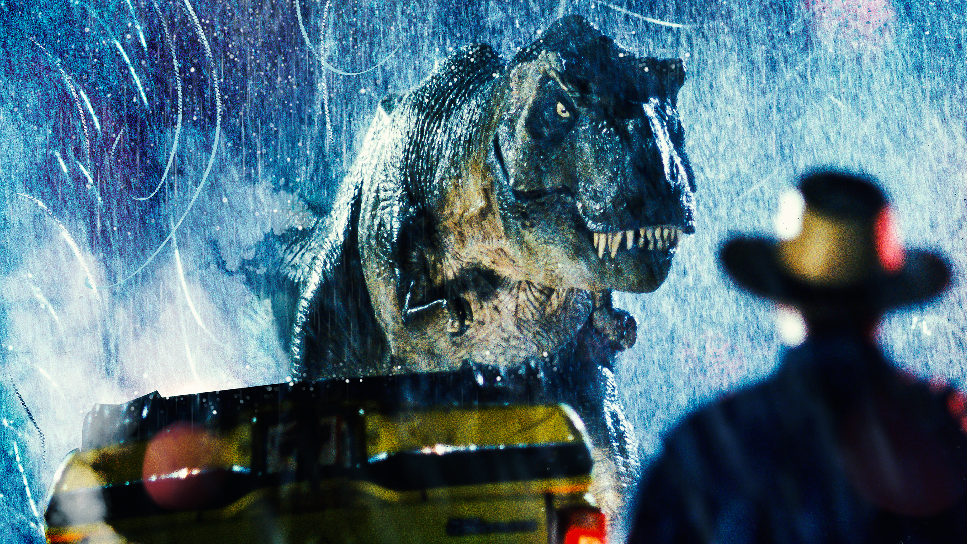 This iconic image depicts the Tyrannosaurus rex animatronic attacking a Ford Explorer in the 1993 film Jurassic Park.