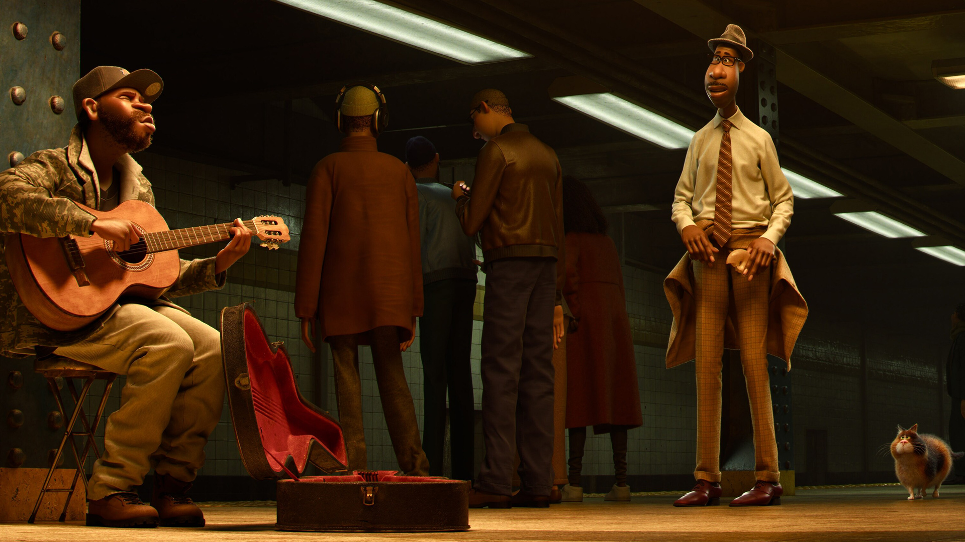 Joe Gardner watches a street performer in a train station 