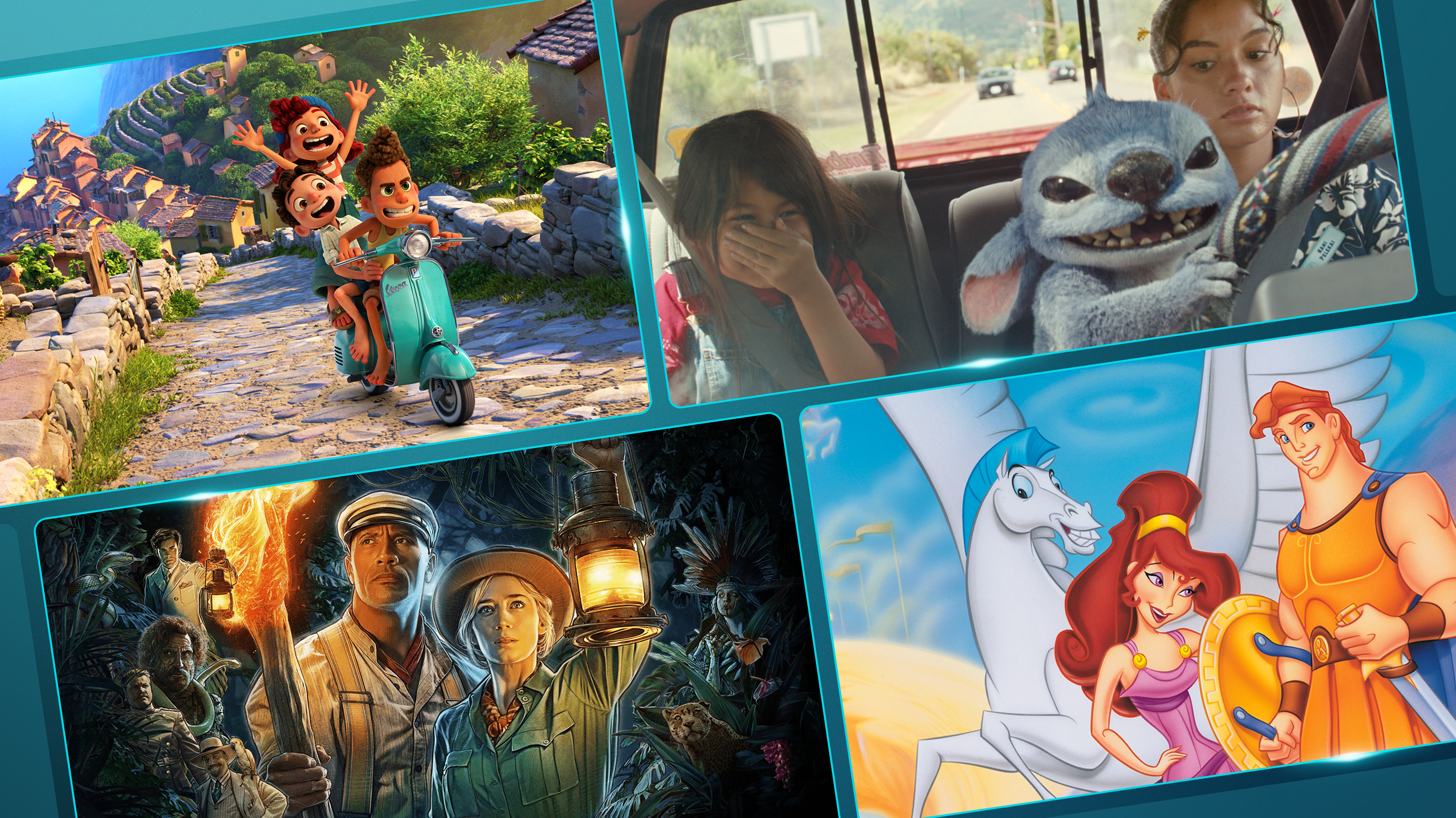 A collage of images from Disney and Pixar’s Luca, Lilo & Stitch (2025), Jungle Cruise, and Hercules