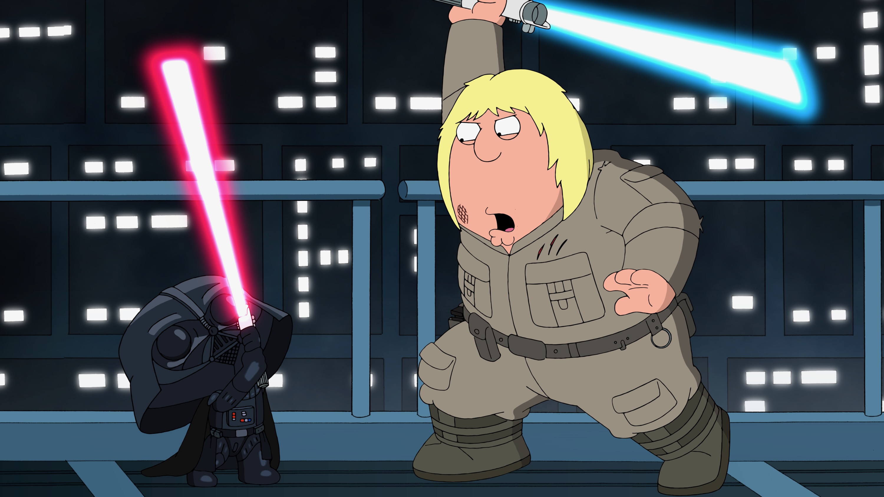 Chris Griffin as Luke Skywalker battles Stewie Griffin as Darth Vader in a lightsaber duel in Family Guy’s “Something, Something, Something, Dark Side.”