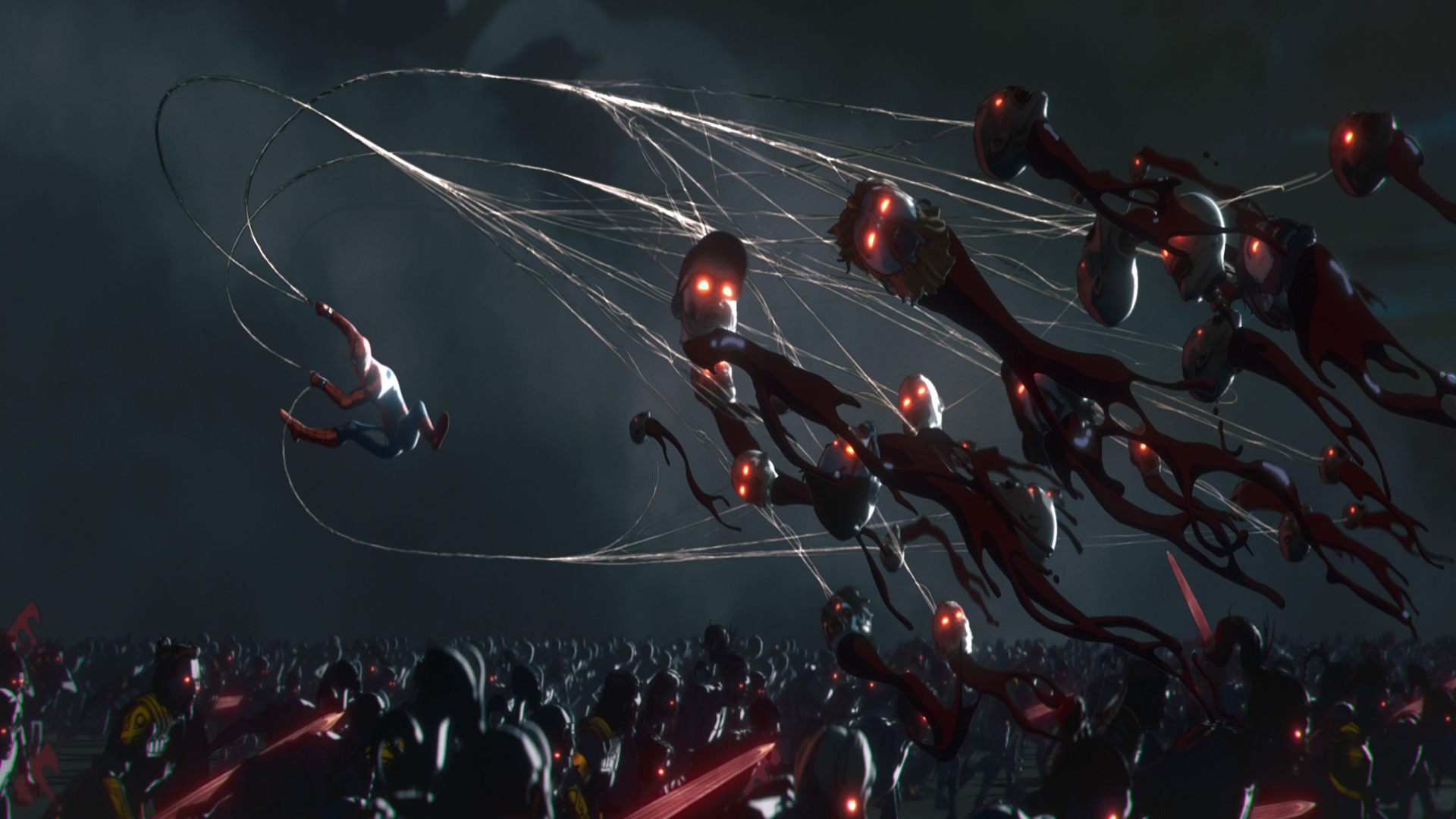 Spider-Man, in mid-air, uses his webs to pull zombies out of a crowd.