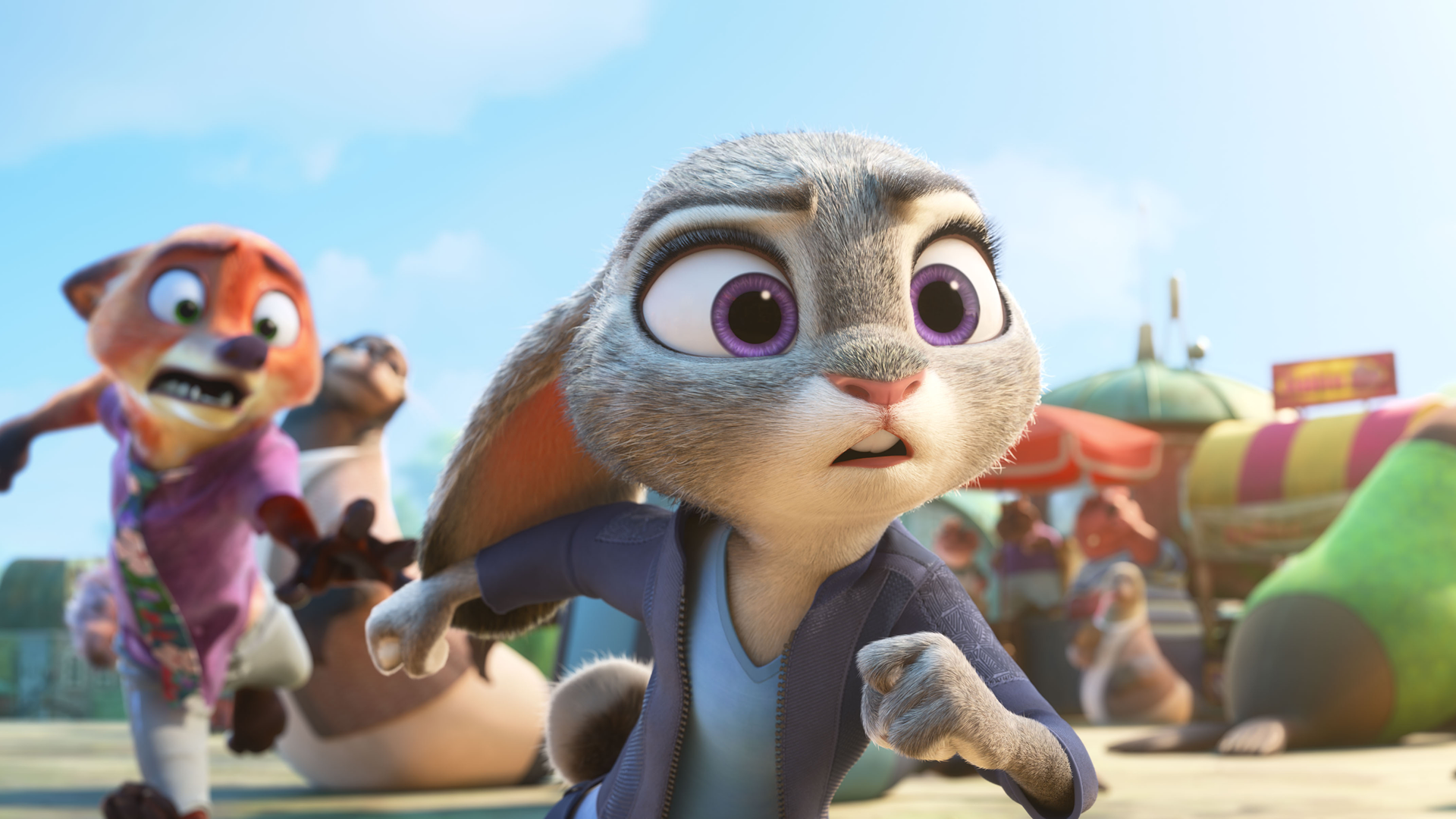 Judy Hopps (voiced by Ginnifer Goodwin) runs from a worried-looking Nick Wilde (voiced by Jason Bateman)