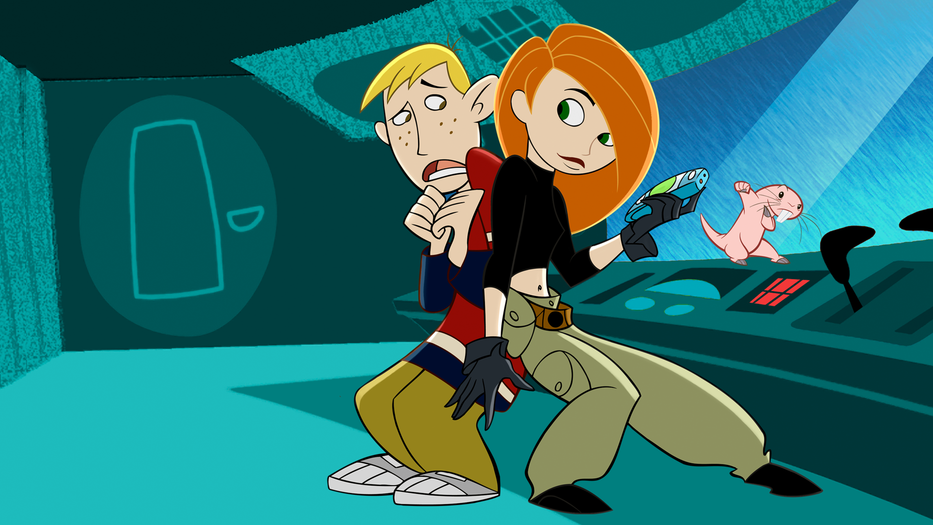 Kim (Christy Carlson Romano) stands back-to-back with a nervous-looking Ron (Will Friedle)