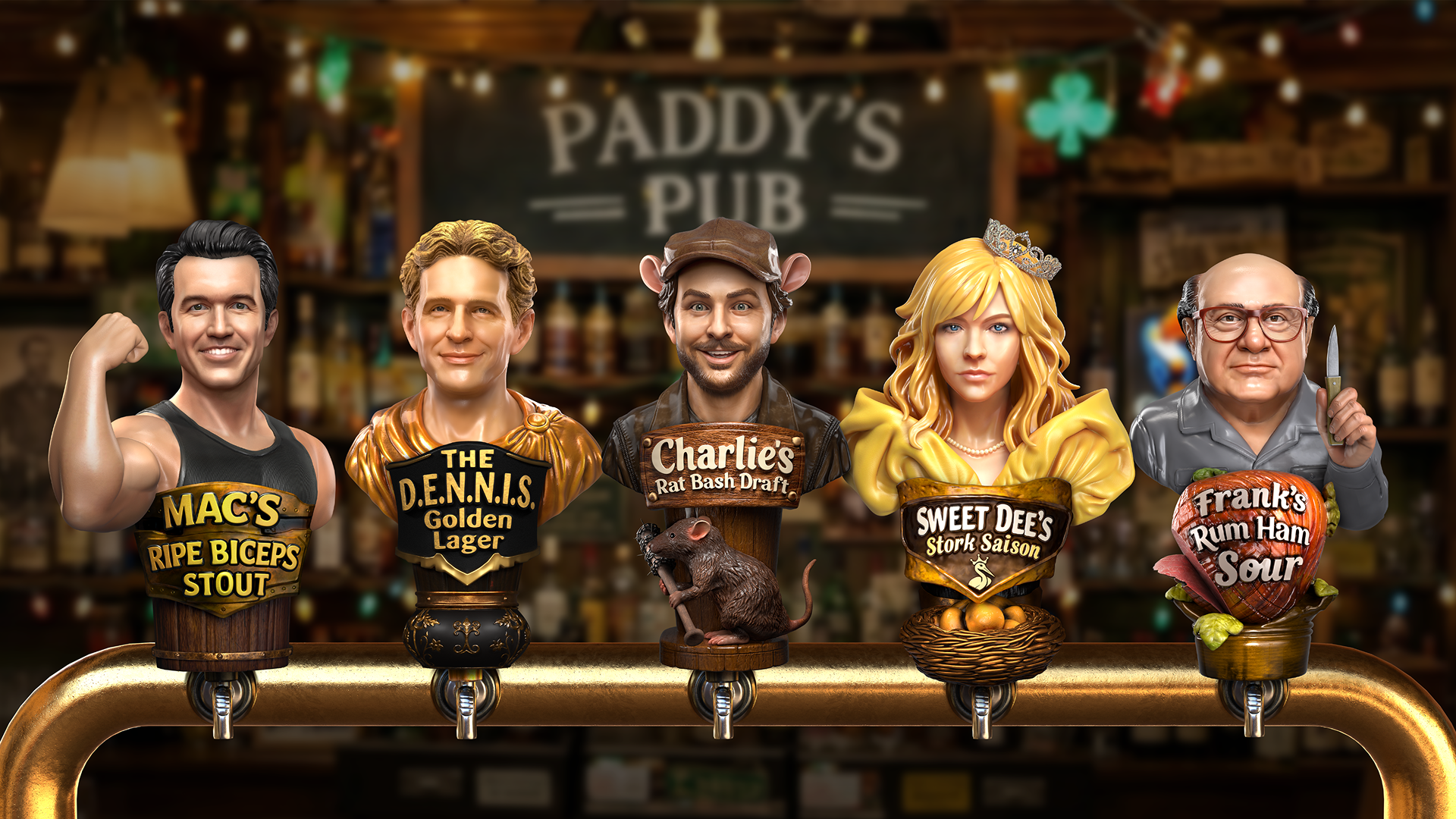 This image features the cast of It's Always Sunny in Philadelphia depicted as tap handles at Paddy's Pub.