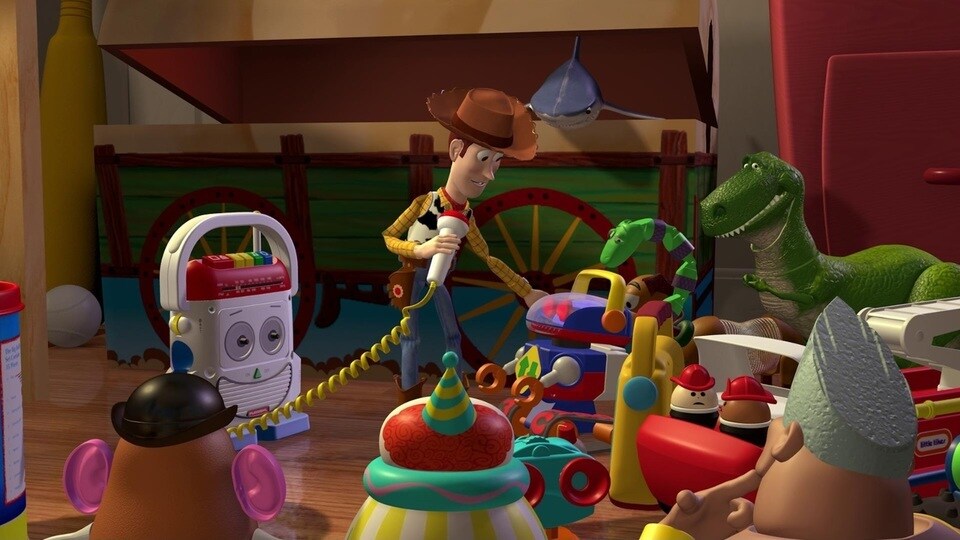 Uma imagem com Woody e outros personagens de Toy Story, como Rex e o sr. Cabeça de Batata