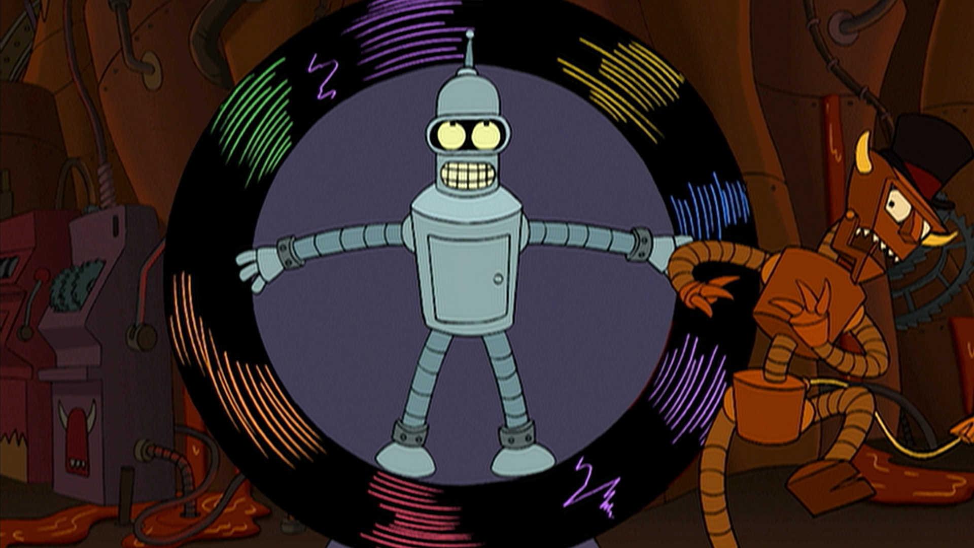 Bender (John DiMaggio) is strapped to a spinning wheel while Robot Devil (Dan Castellaneta) operates machinery beside him in Robot Hell.