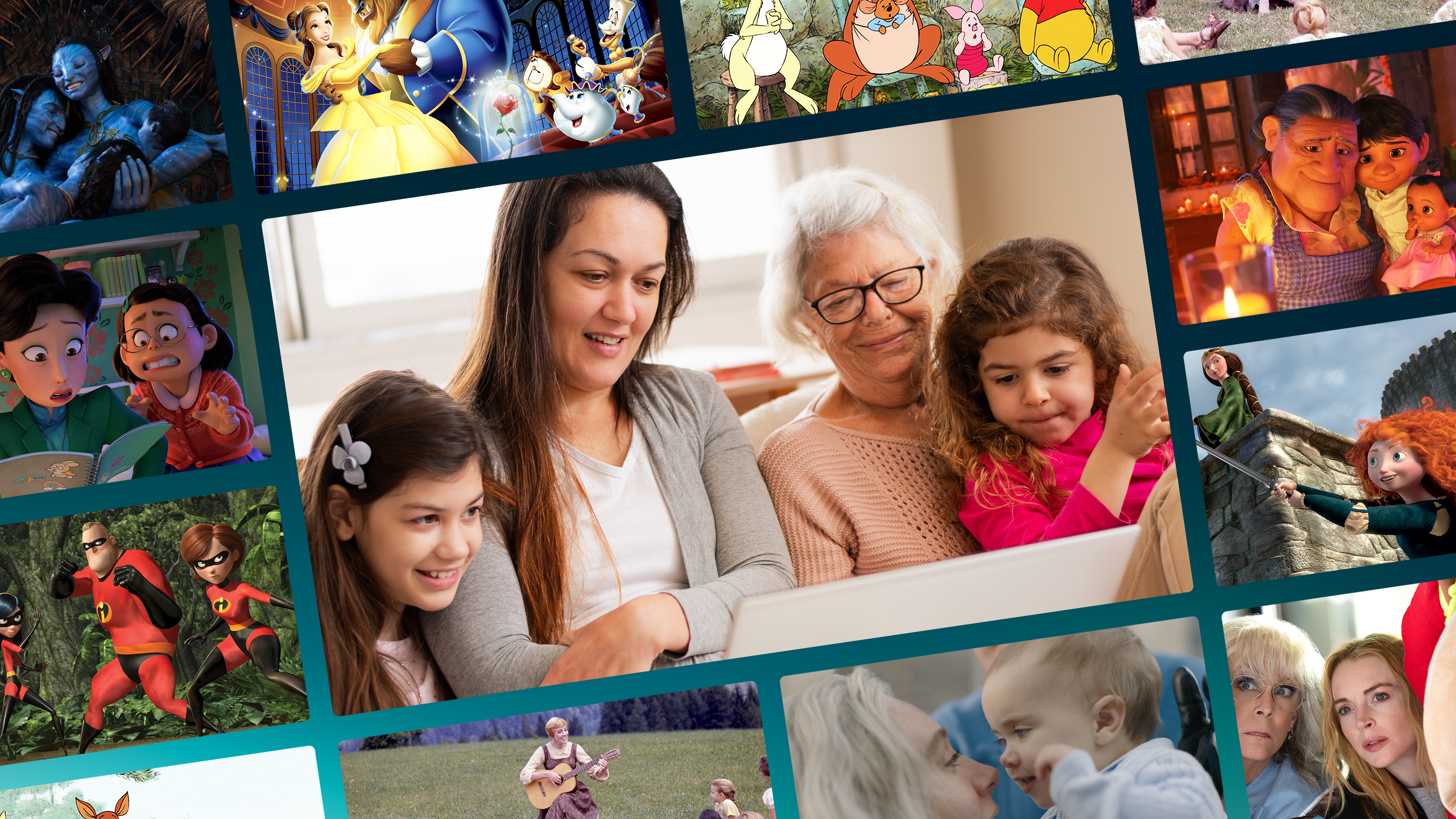 This image collage features stills from various Disney films, showcasing a variety of animated and live-action characters.