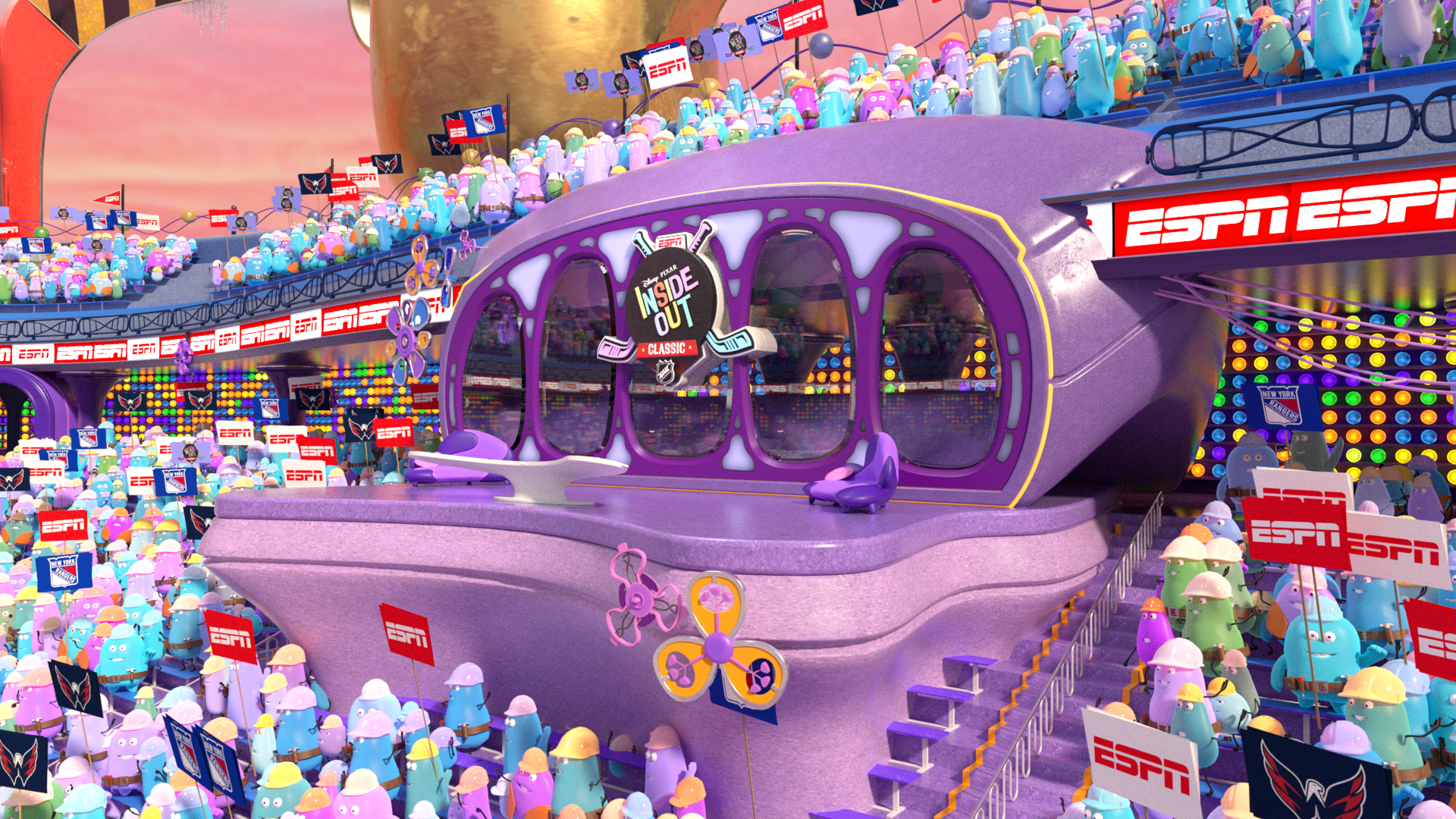 Stadium shot for NHL alt-cast of the Washington Capitals vs New York Rangers game, featuring characters from Pixar's Inside Out franchise.