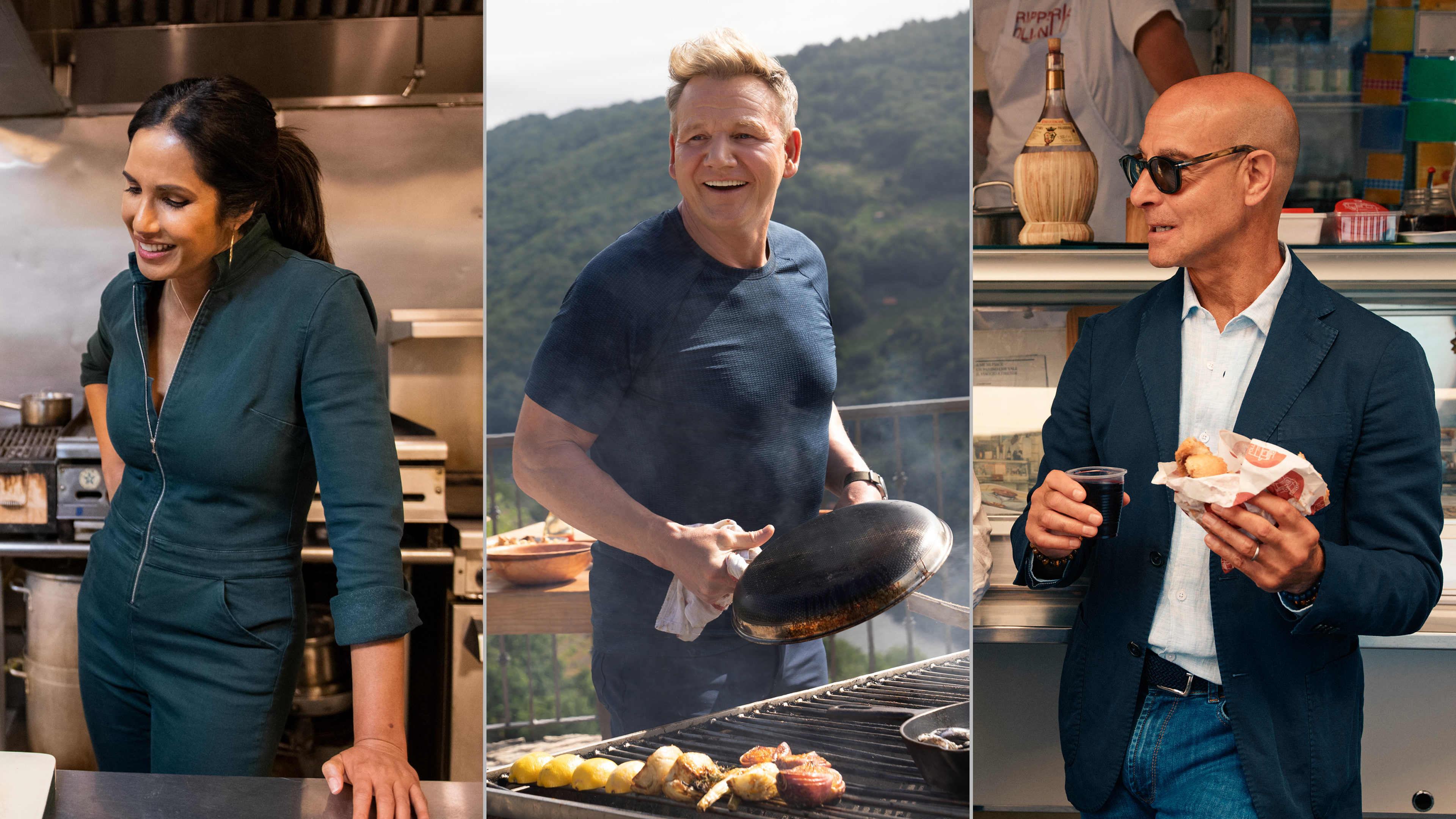 Imagem do artigo que incluem as séries: Taste the Nation with Padma Lakshmi, Sabores Extremos com Gordon Ramsay: Aventuras Extremas e Tucci na Itália