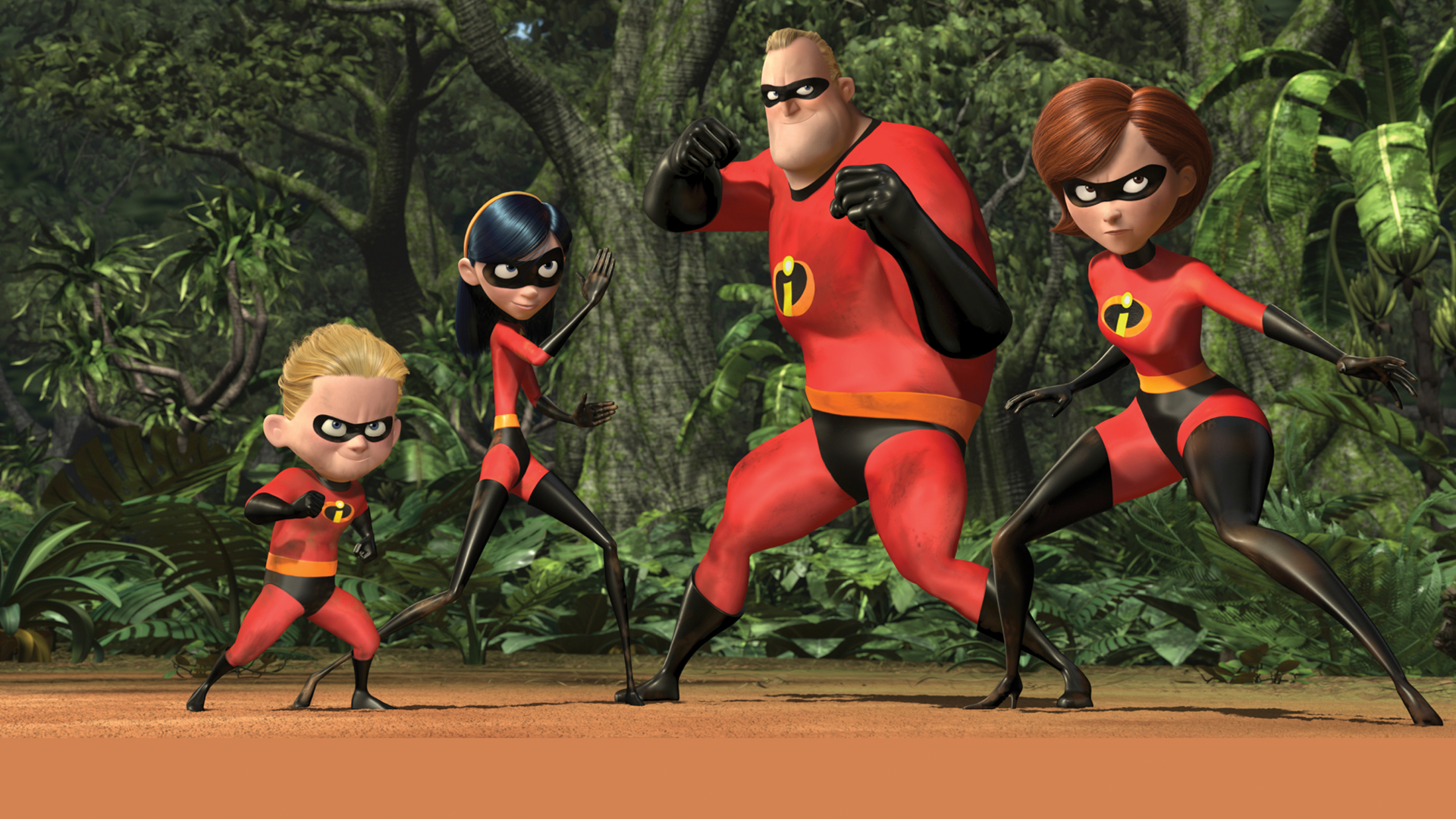The photo shows (from left to right) Dash, Violet, Mr. Incredible (Bob), and Elastigirl (Helen) in a scene from the animated film The Incredibles. 