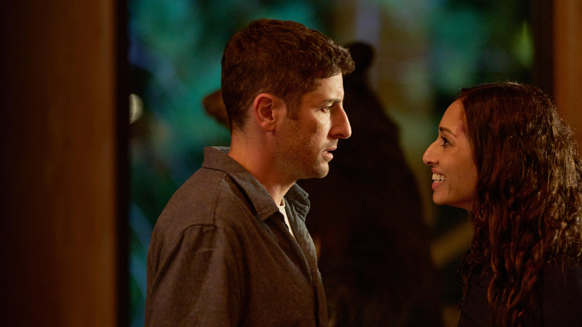 This image features actors Jason Biggs and Meaghan Rath in the dark comedy thriller film Untitled Home Invasion Romance (2026).