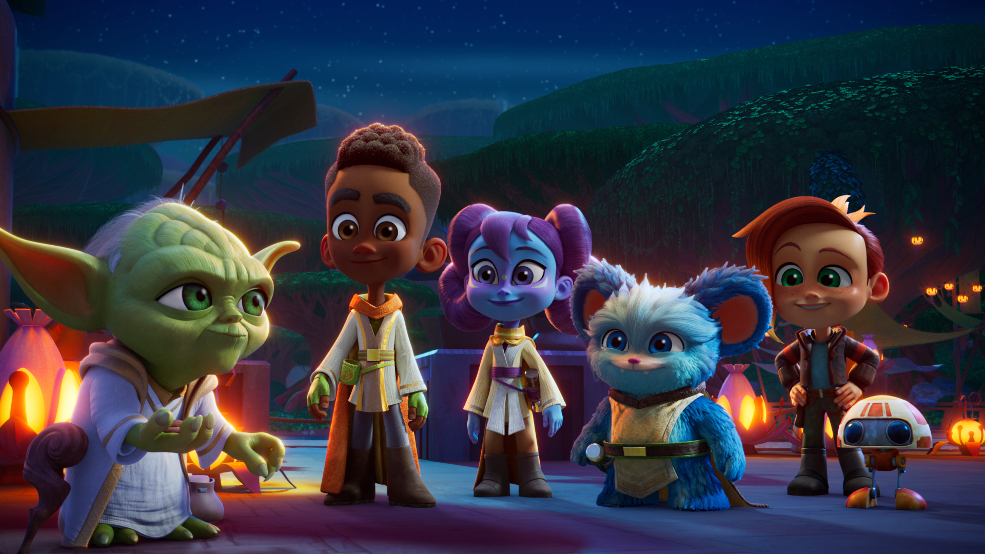 『スター・ウォーズ』のキッズ向けアニメ番組『ヤング・ジェダイ・アドベンチャー』より、ヨーダ、カイ・ブライトスター、リス・ソレイ、ナブス、ナッシュ・デュランゴ