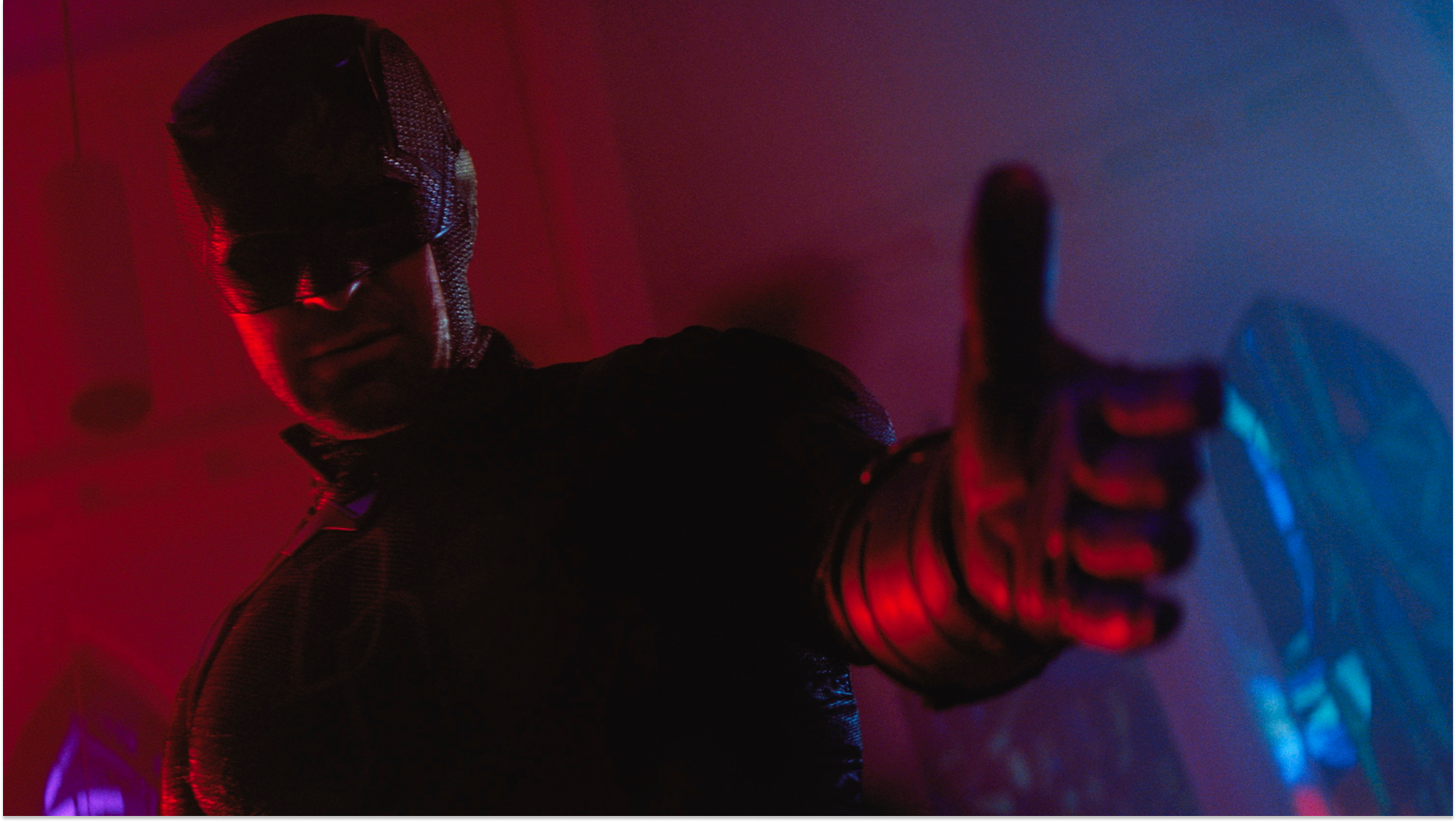 This image shows a moment from the series Daredevil: Born Again, featuring Charlie Cox as Matt Murdock. 