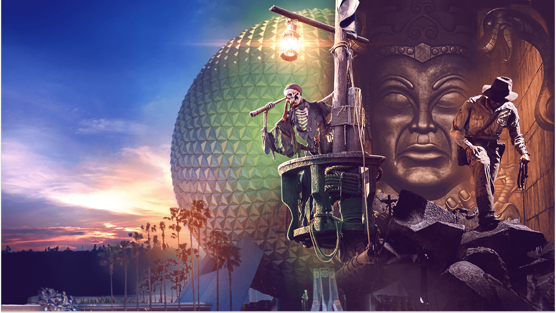 A poster for Behind the Attraction, featuring elements from rides like Pirates of the Caribbean and the EPCOT Spaceship Earth structure