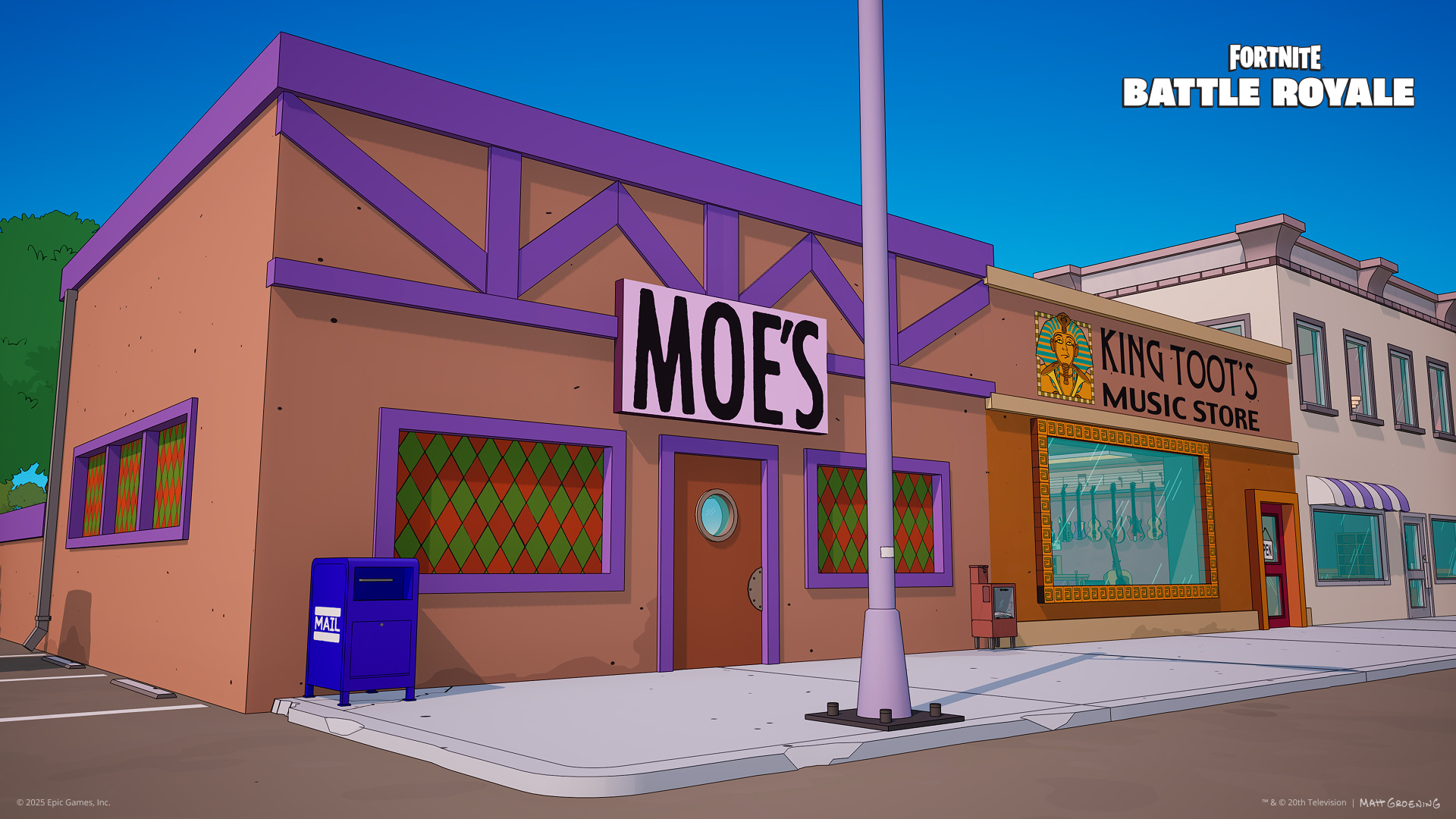 The Aliens fly over Springfield which is now in the appearance of the Fortnite island in their flying saucer