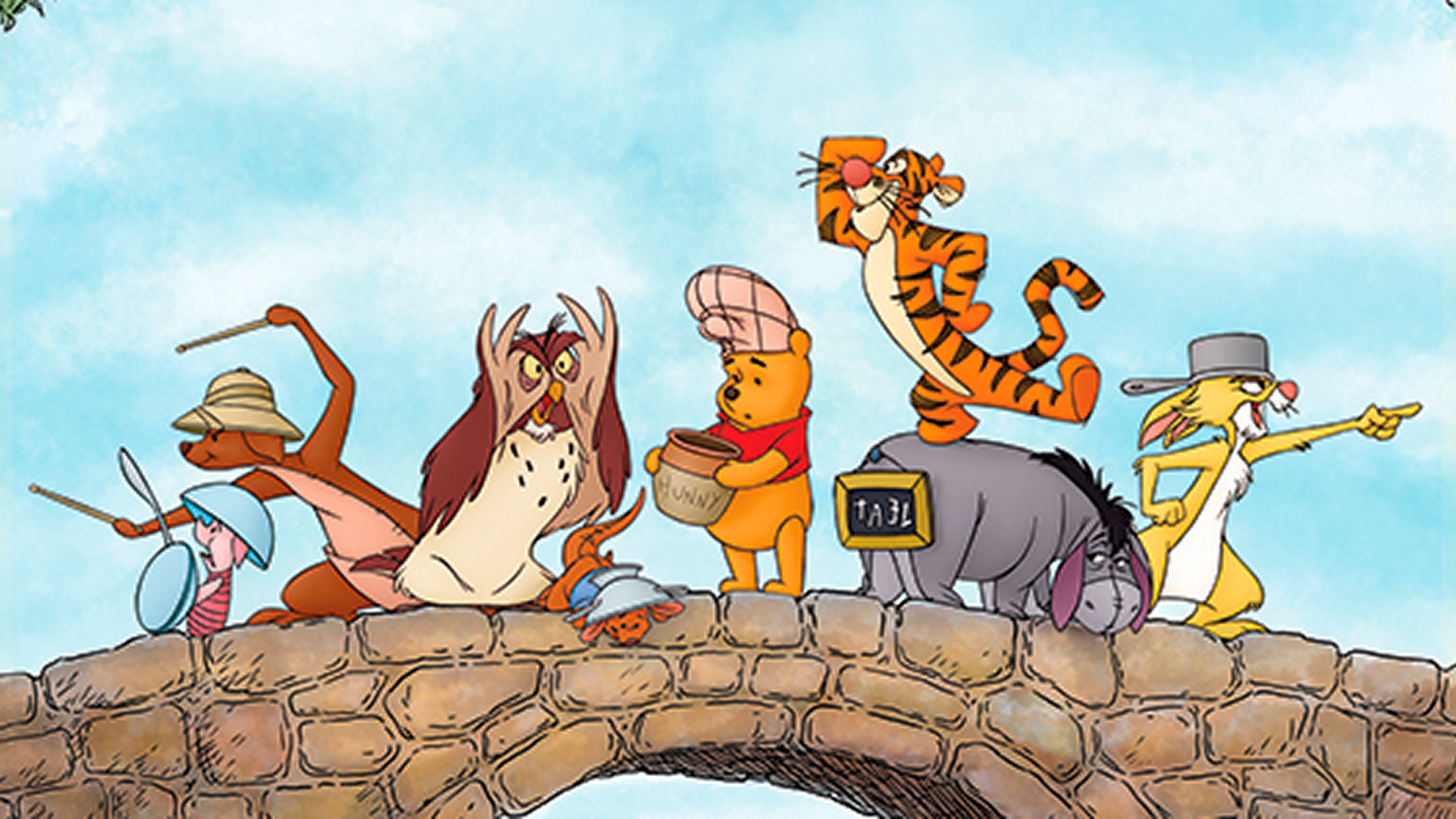 Piglet, Kanga, Owl, Roo, Winnie the Pooh, Tigger, Eeyore, and Rabbit stand on top of a bridge, poised for a battle