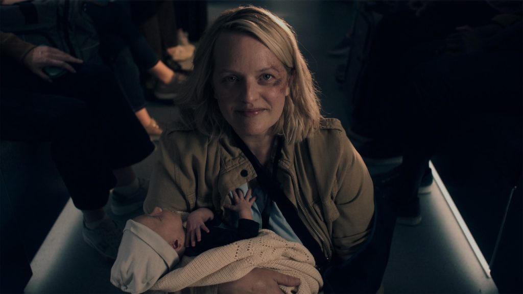 A still image of Elisabeth Moss as June Osborne in The Handmaid’s Tale.