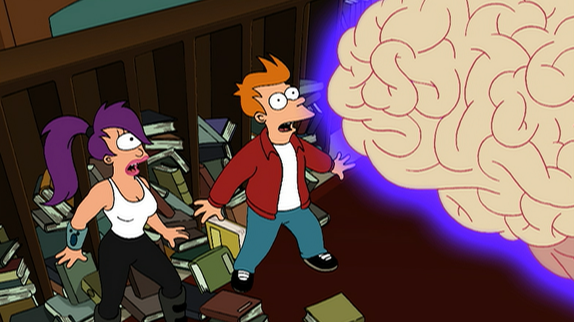 Leela (Katey Sagal) and Fry (Billy West) recoil from the glowing Big Brain (Maurice LaMarche) inside a book-filled library.