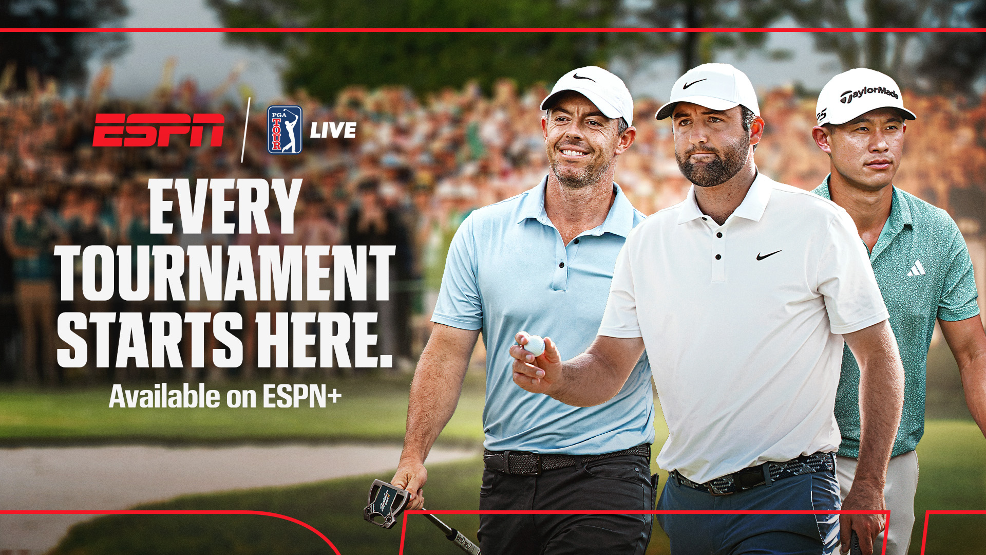 Text Reads "Every Tournament Starts Here". Three golfers are featured in the image