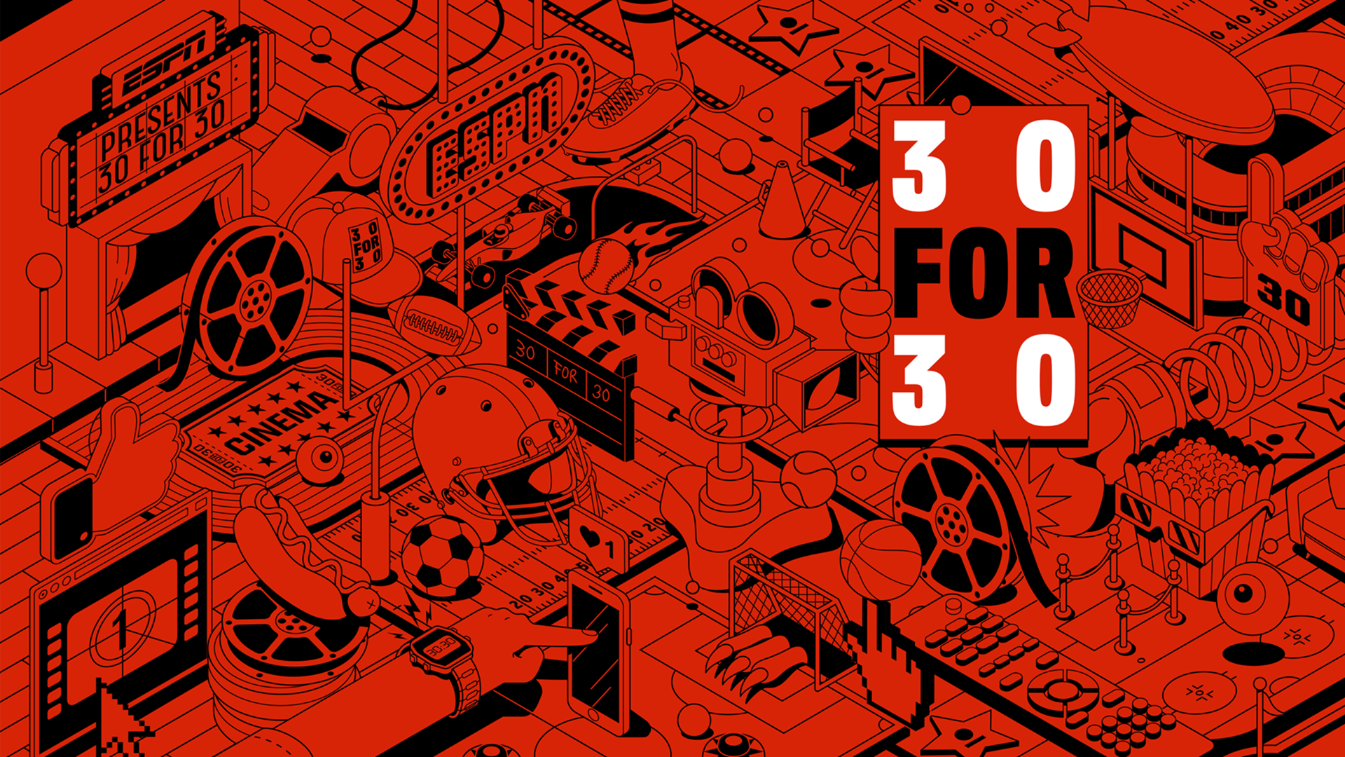 An isometric vector illustration in red, black, and white featuring a dense collection of sports equipment and filmmaking gear, with a prominent "30 FOR 30" logo on the right side.