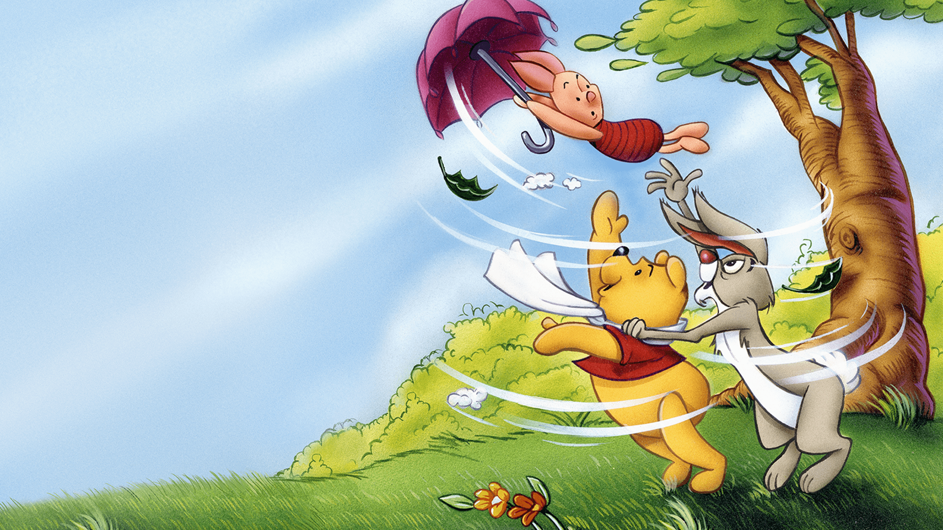 The image despicts Winnie the Pooh holding onto Piglet, who is being carried away by a strong gust of wind while holding an umbrella in a scene from The New Adventures of Winnie the Pooh series. 