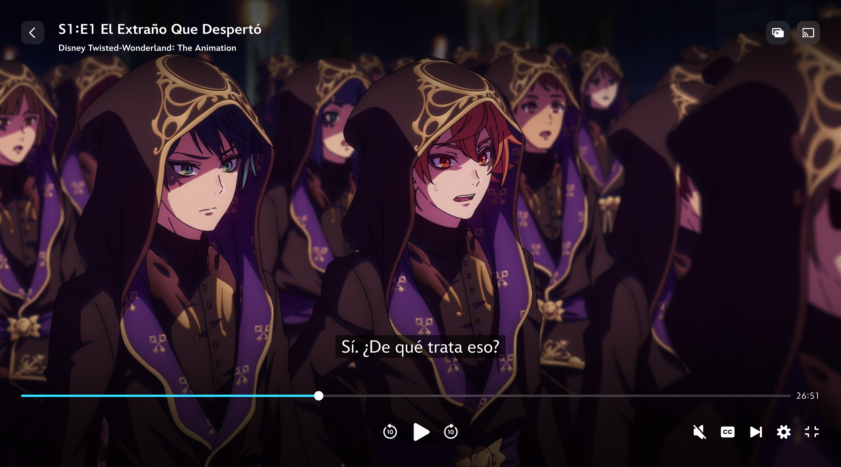 Una escena de Disney Twisted-Wonderland: La serie con subtítulos en inglés.