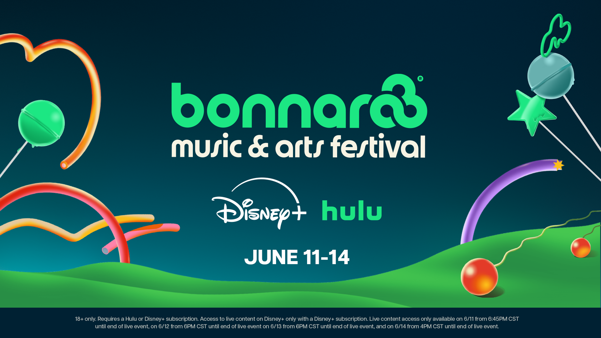 This is a promotional image for the 2026 Bonnaroo Music & Arts Festival scheduled for June 11–14.