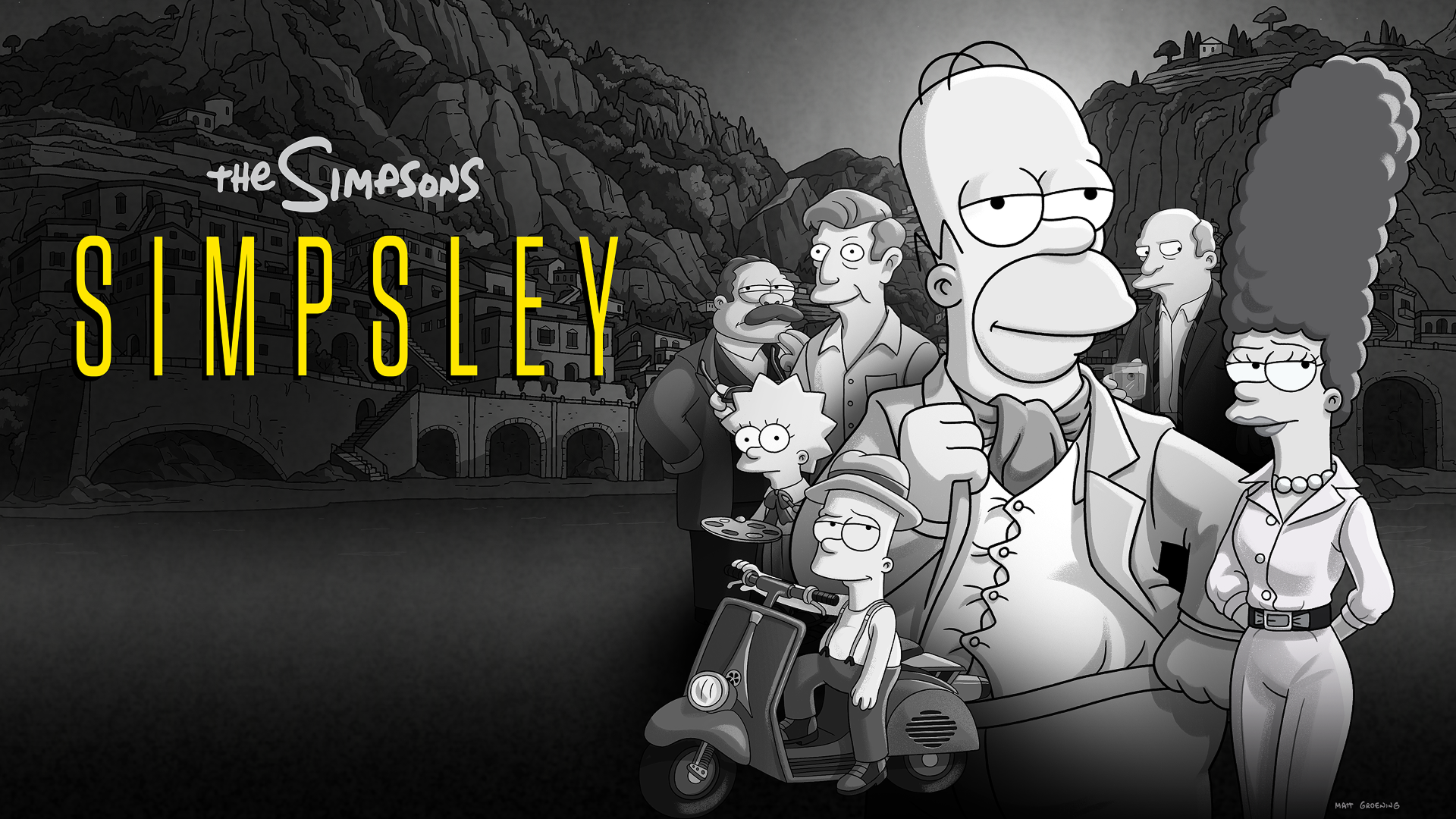 This black-and-white image is a poster for the Simpsons exclusive episode titled "Simpsley," which parodies the film The Talented Mr. Ripley.