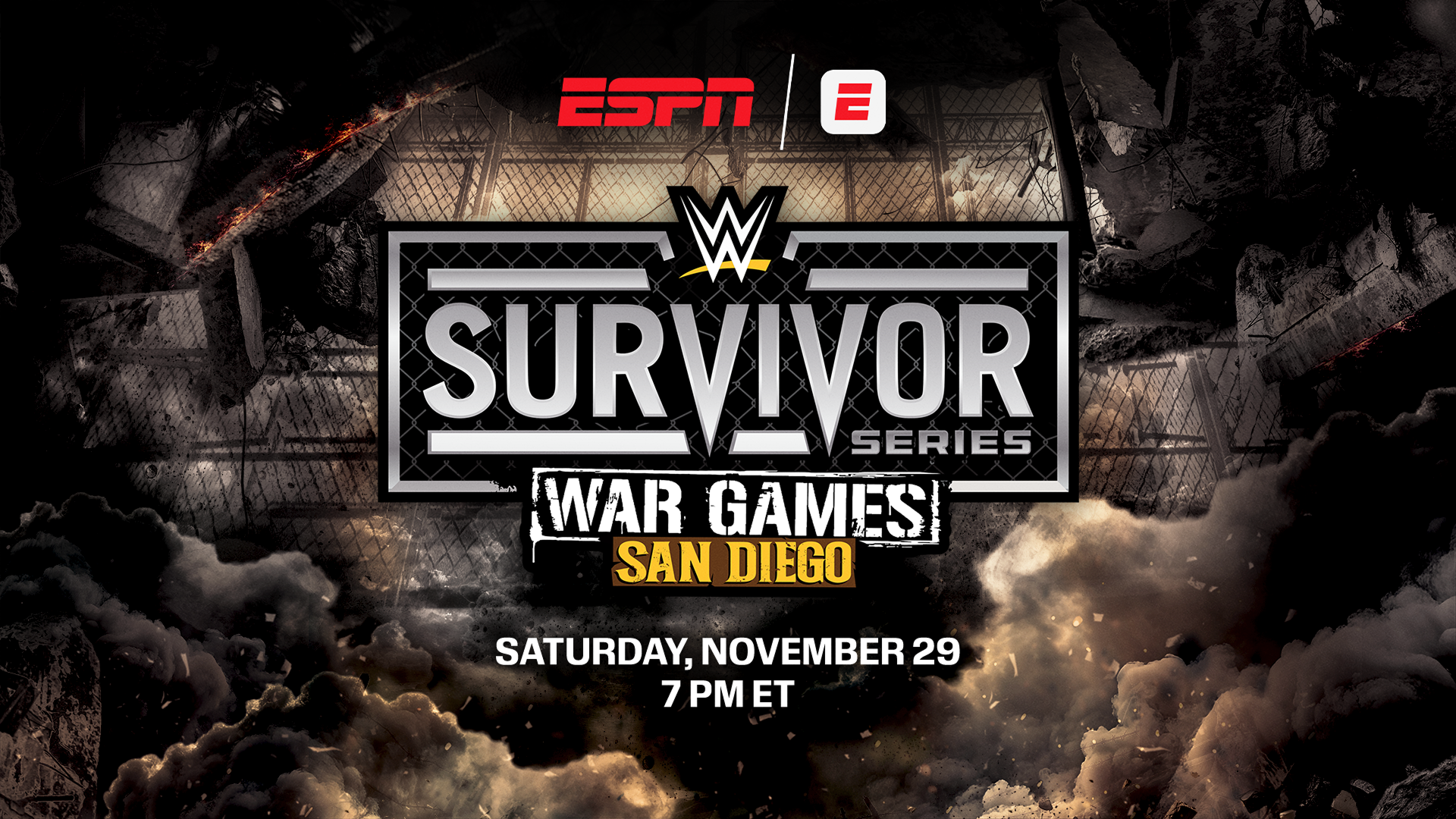 A promotional image for WWE Survivor Series WarGames. Text reads: "Survivor Series WarGames, San Diego. Saturday, November 29, 7pm ET.""