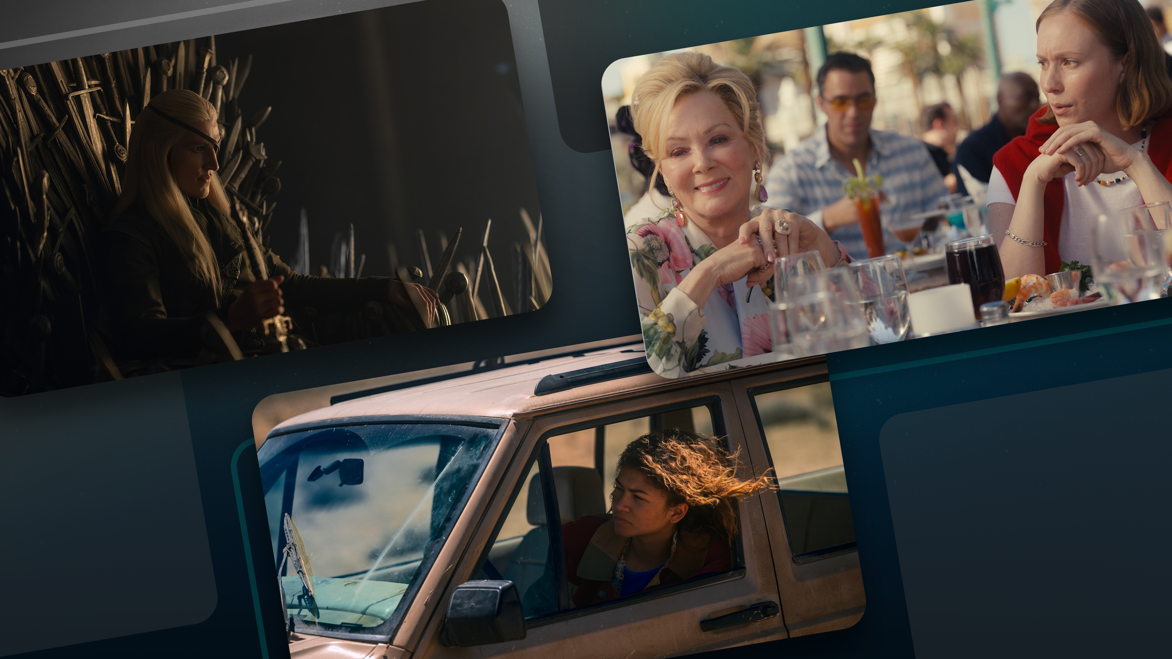 A collage of images from House of the Dragon, Hacks, and Euphoria