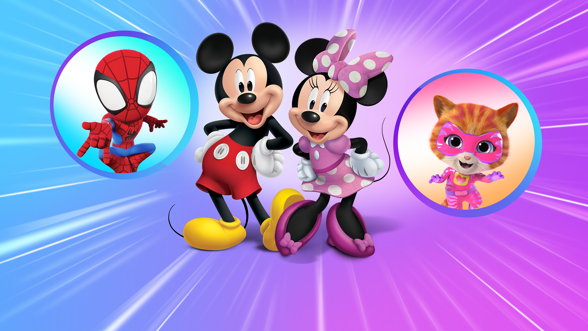 An eye-catching graphic featuring animated versions of Mickey Mouse and Minnie Mouse posing happily in the center, flanked by a chibi-style Spidey inside a blue circle on the left and a pink-suited SuperKitties cat inside a pink circle on the right, all set against a vibrant blue-to-purple sunburst background.