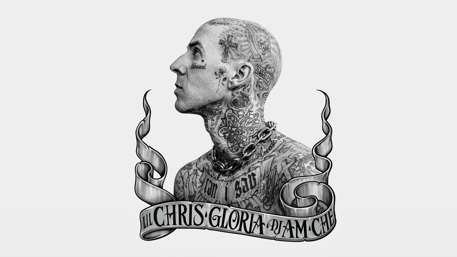 This black-and-white portrait features Blink-182 drummer Travis Barker, showcasing his extensive tattoo collection.