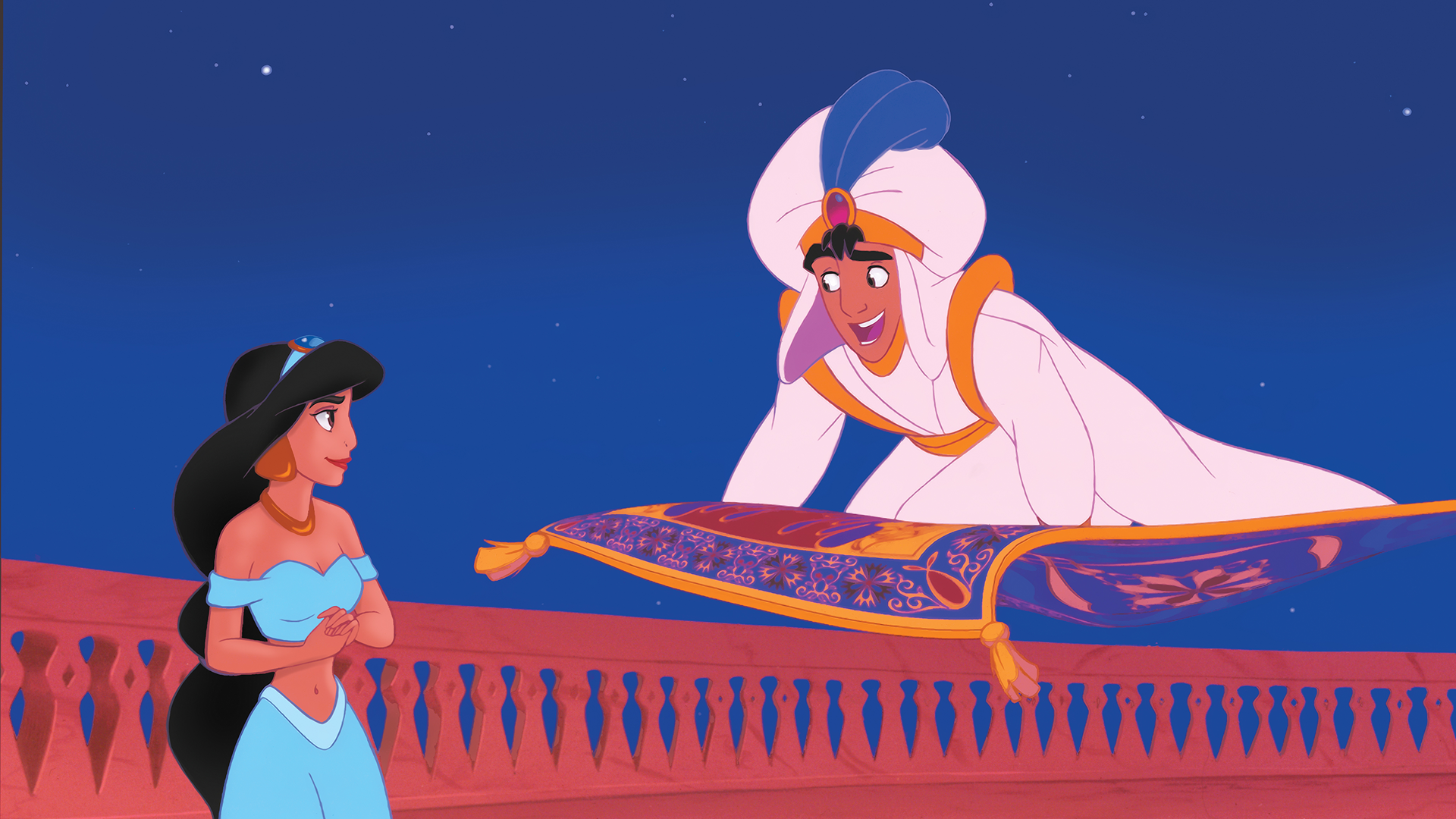 Aladdin riding the magic carpet up to Jasmine's balcony in Aladdin (1992)