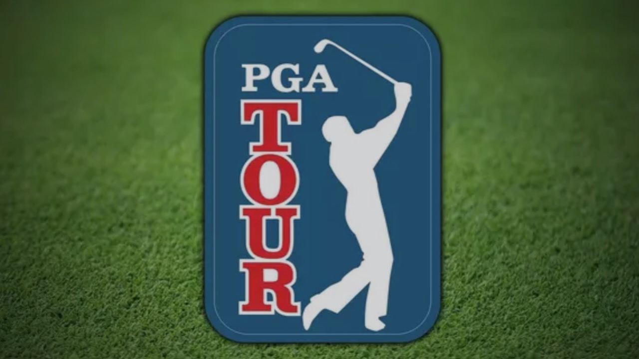 PGA Tour logo with a golfer silhouette on a green grass background.