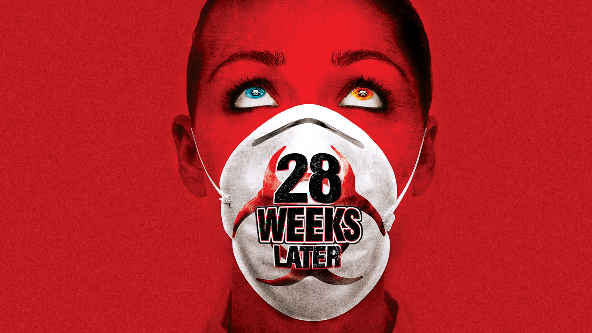 A bright red background, a woman wearing a face mask with the movie title written on it