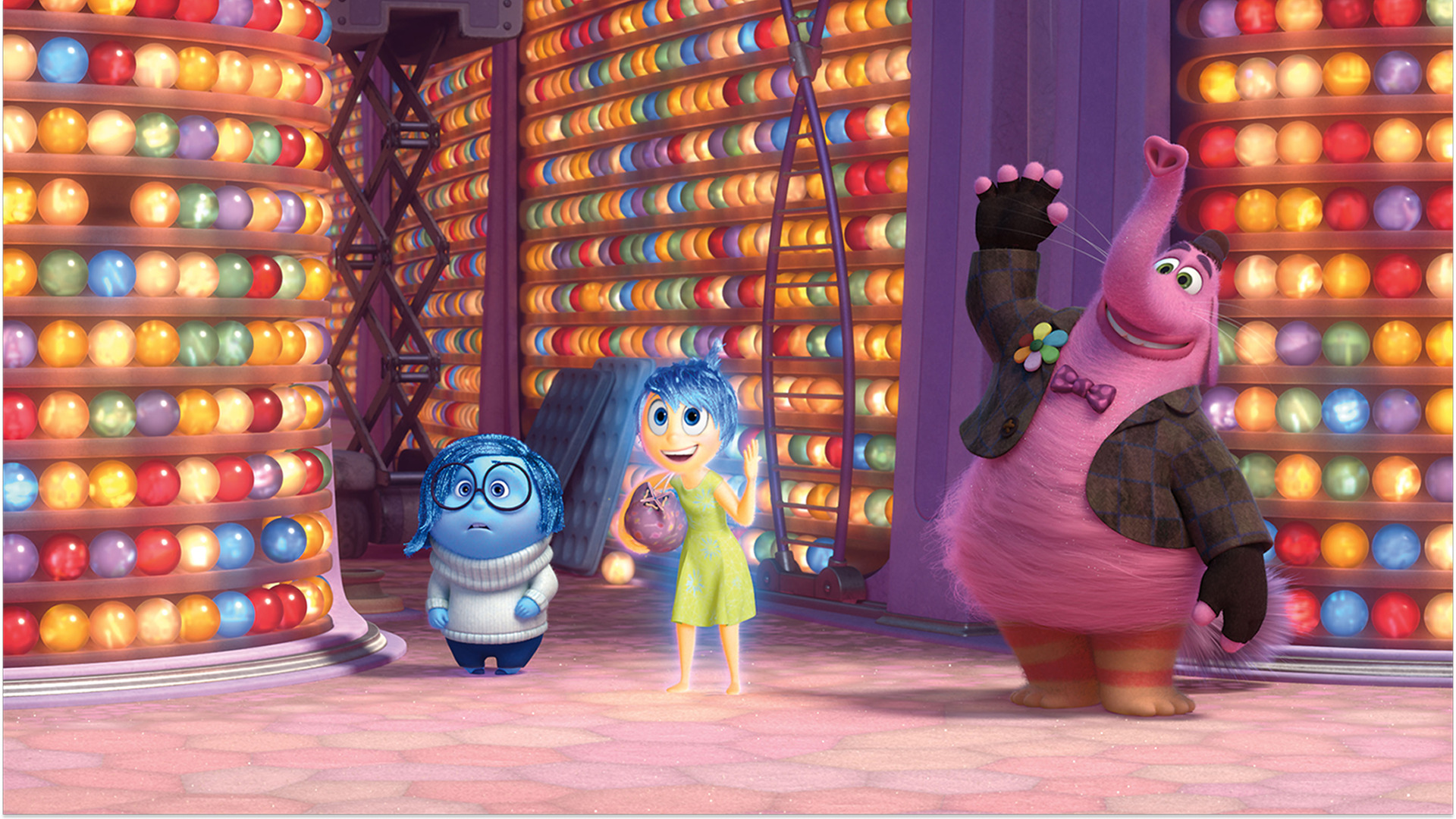 Sadness (blue), Joy (yellow), and Bing Bong (pink) in Inside Out